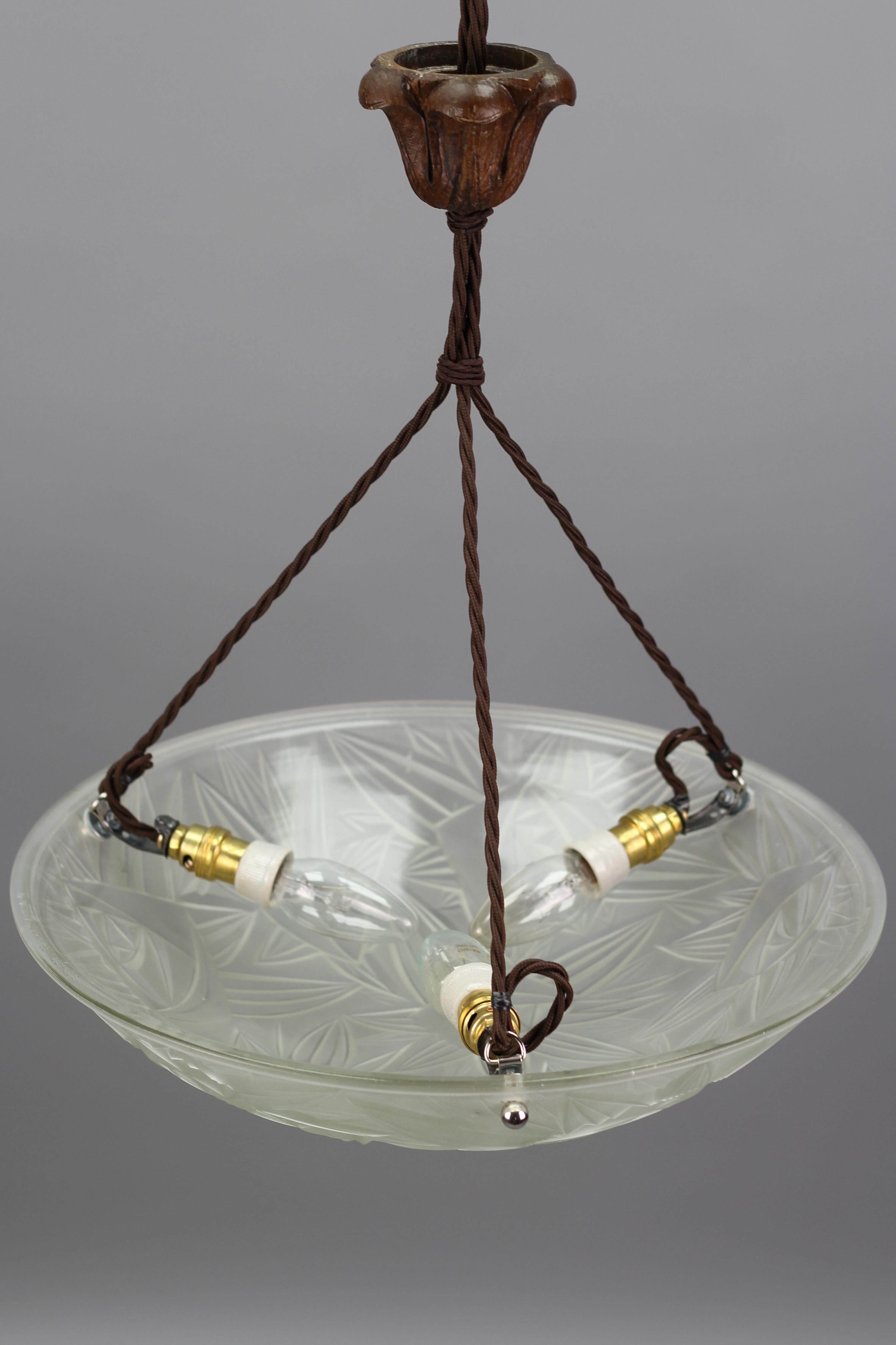 French Art Deco White Frosted Glass Pendant Light by Noverdy, 1930s 5