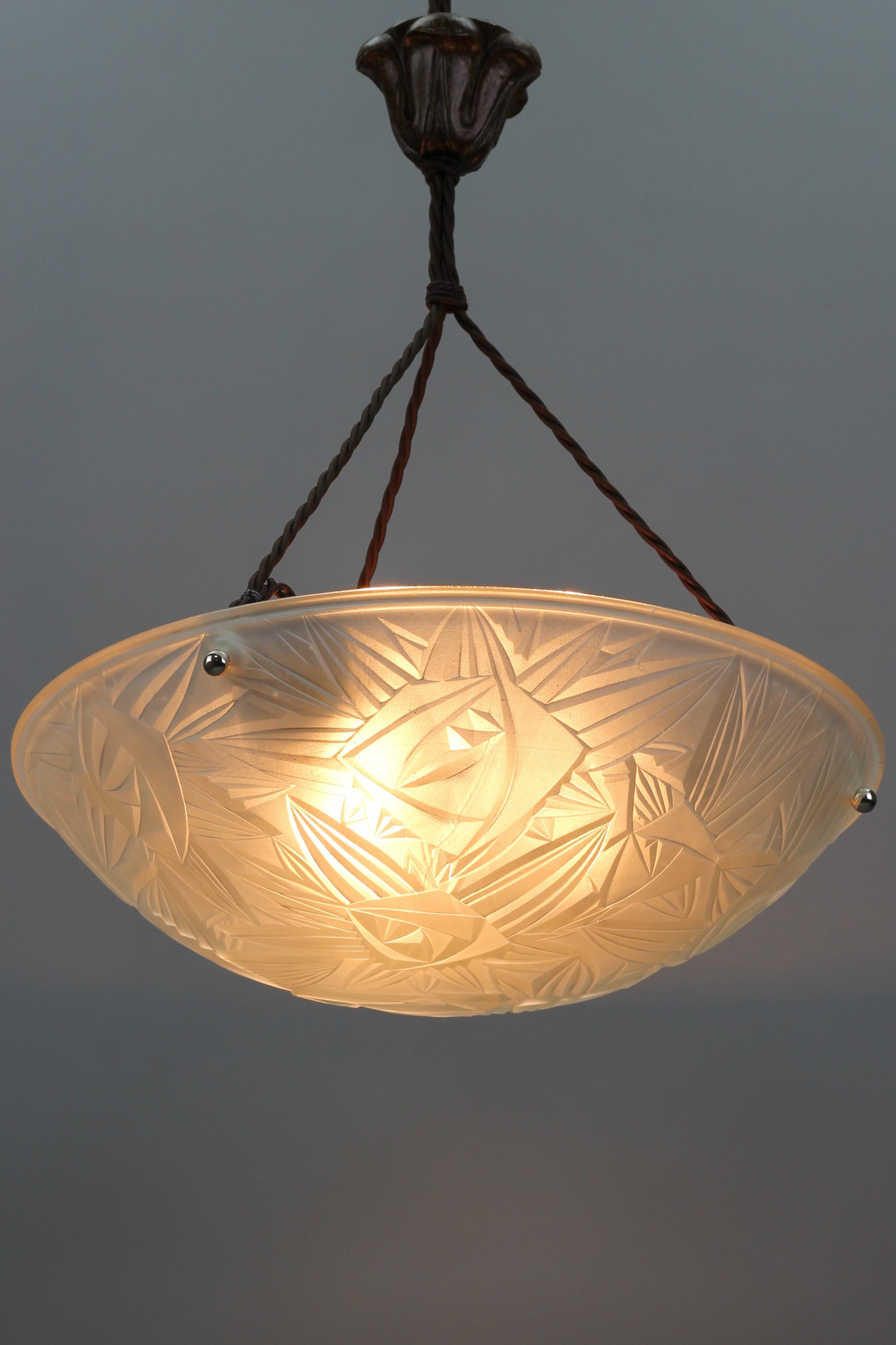 French Art Deco White Frosted Glass Pendant Light by Noverdy, 1930s 15