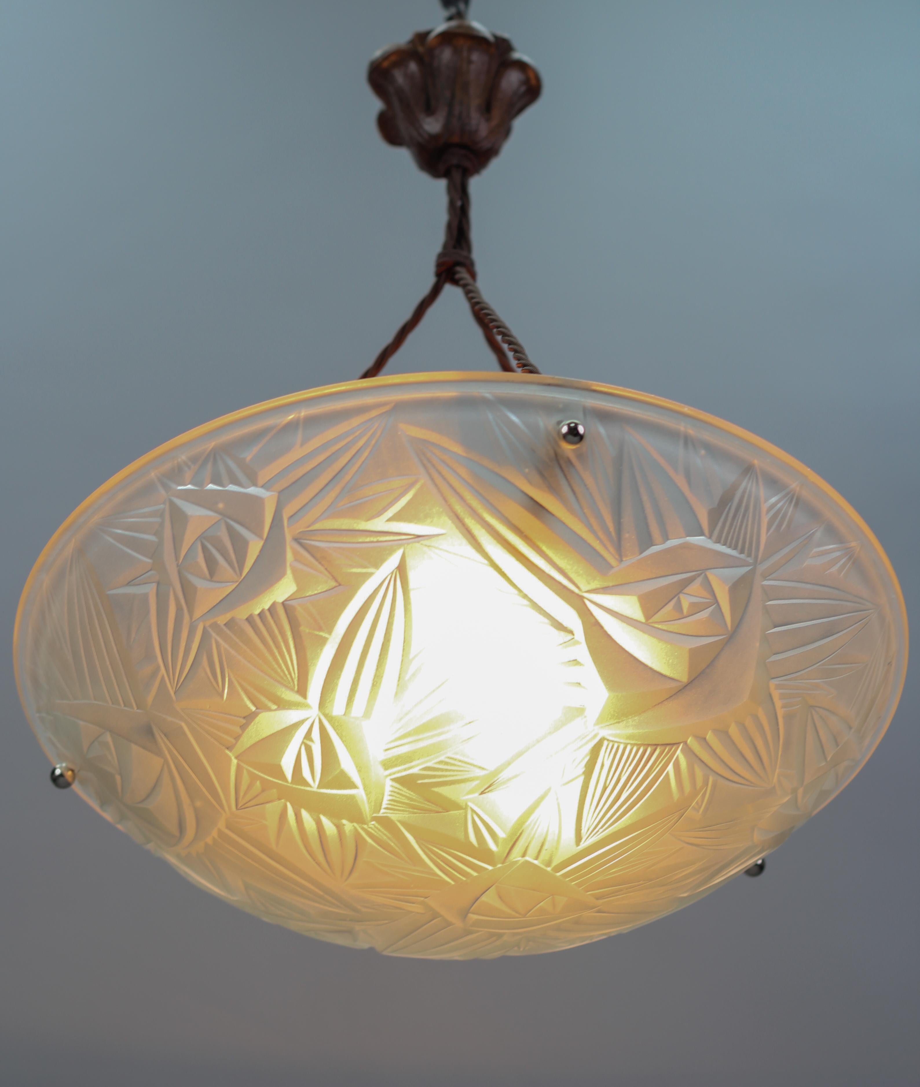 French Art Deco White Frosted Glass Pendant Light by Noverdy, 1930s 1