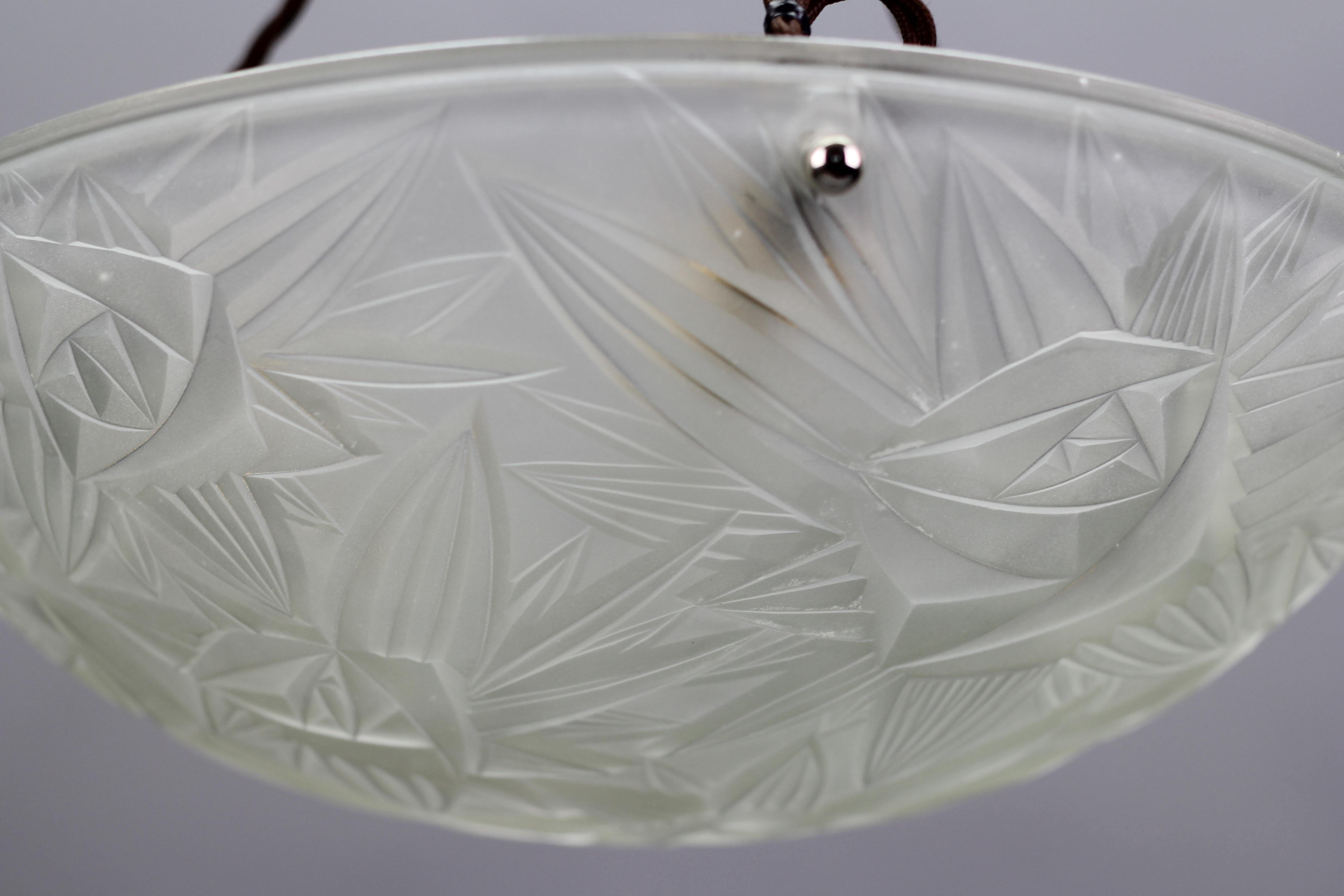 French Art Deco White Frosted Glass Pendant Light by Noverdy, 1930s 3