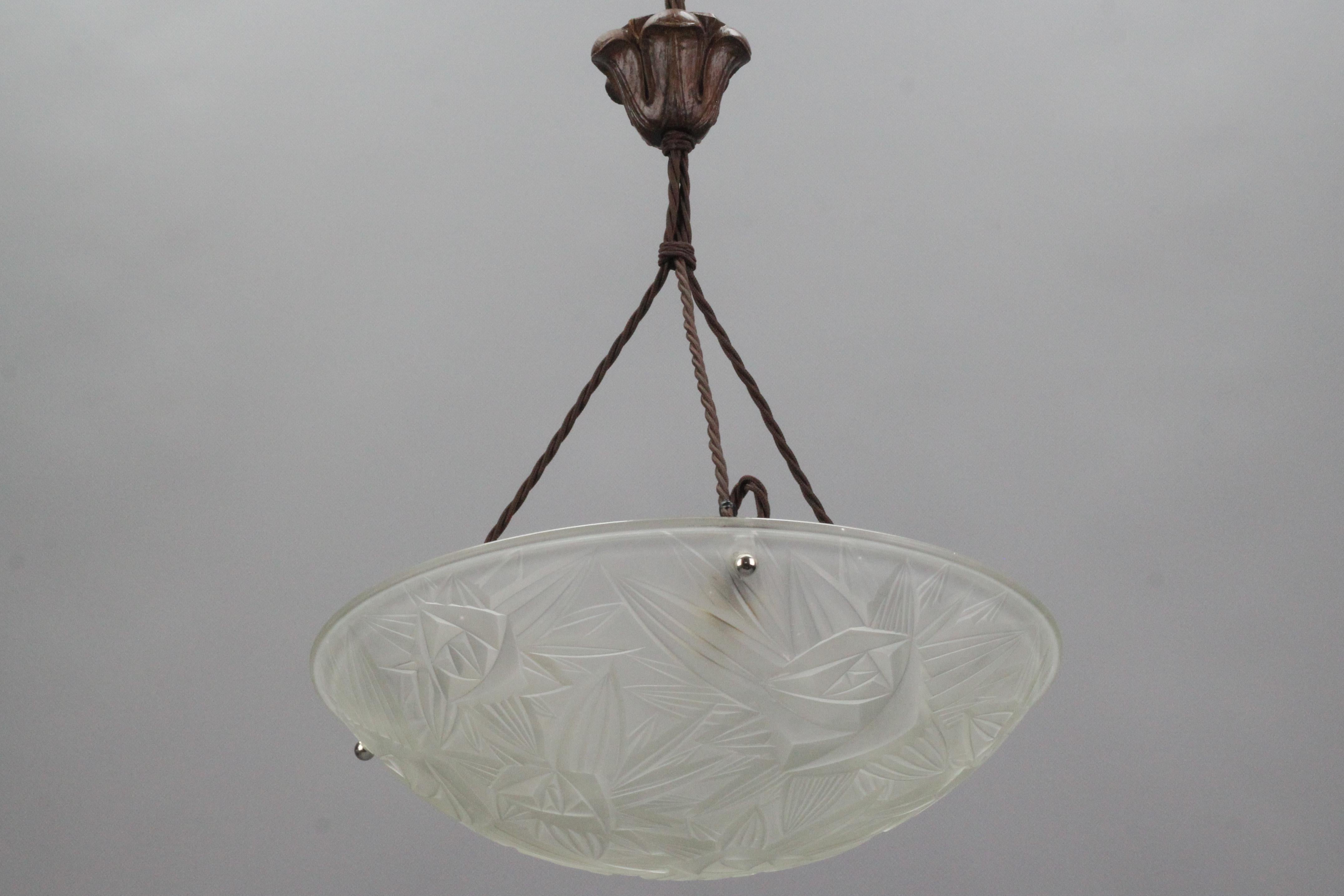 French Art Deco White Frosted Glass Pendant Light by Noverdy, 1930s 4