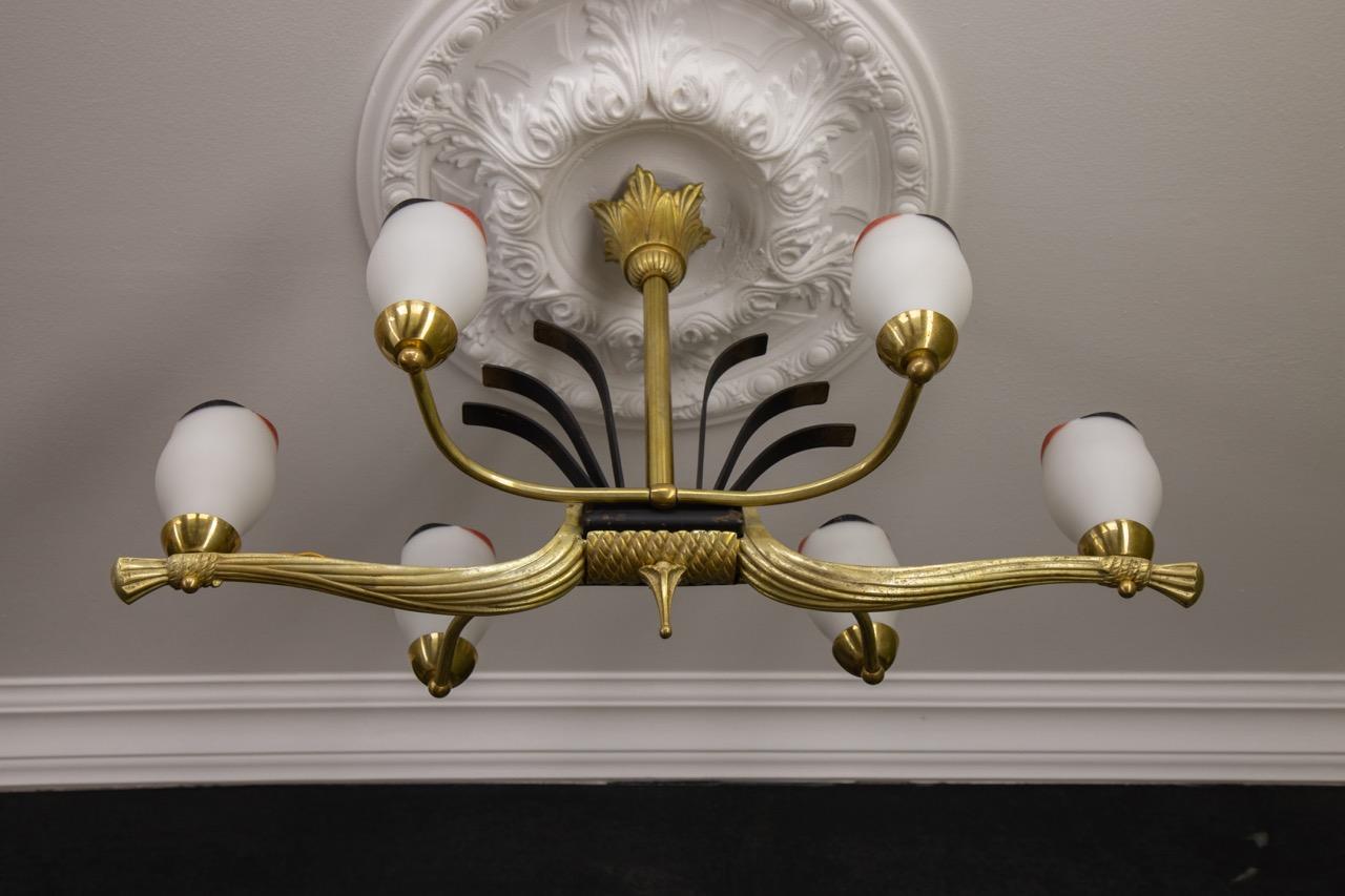 French Art Deco White Glass, Bronze, Brass and Iron Six-Light Chandelier For Sale 6