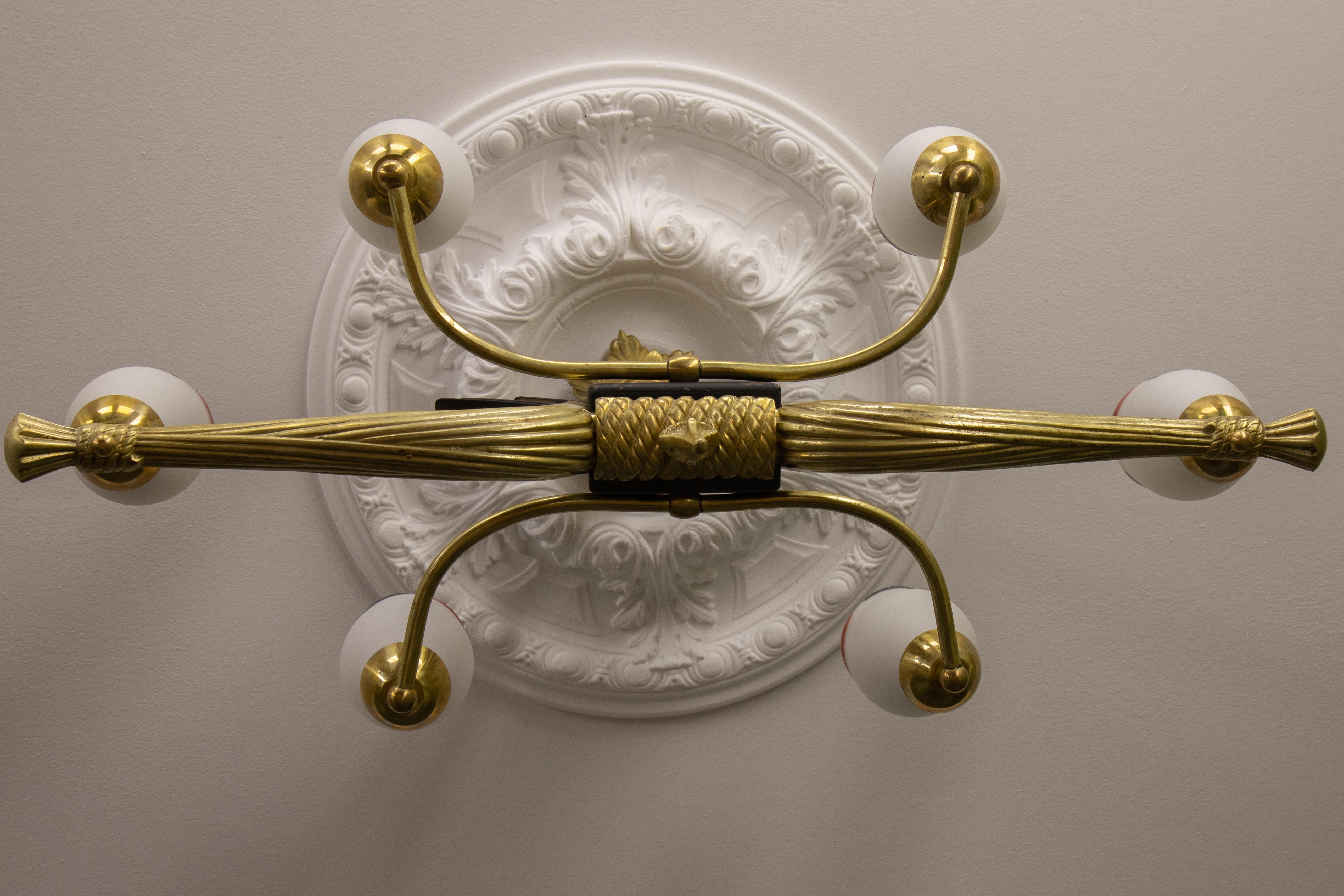 French Art Deco White Glass, Bronze, Brass and Iron Six-Light Chandelier For Sale 7