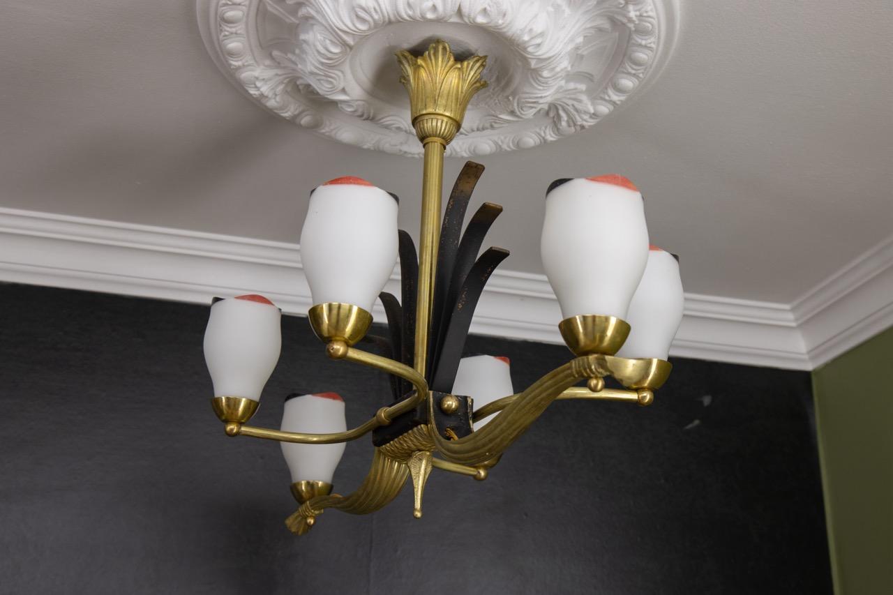 French Art Deco White Glass, Bronze, Brass and Iron Six-Light Chandelier For Sale 9