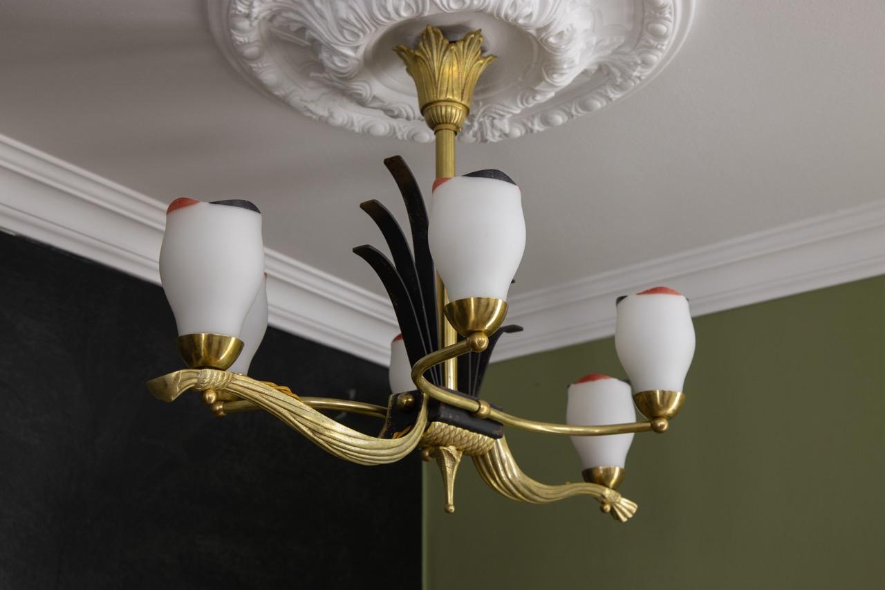 French Art Deco White Glass, Bronze, Brass and Iron Six-Light Chandelier For Sale 10
