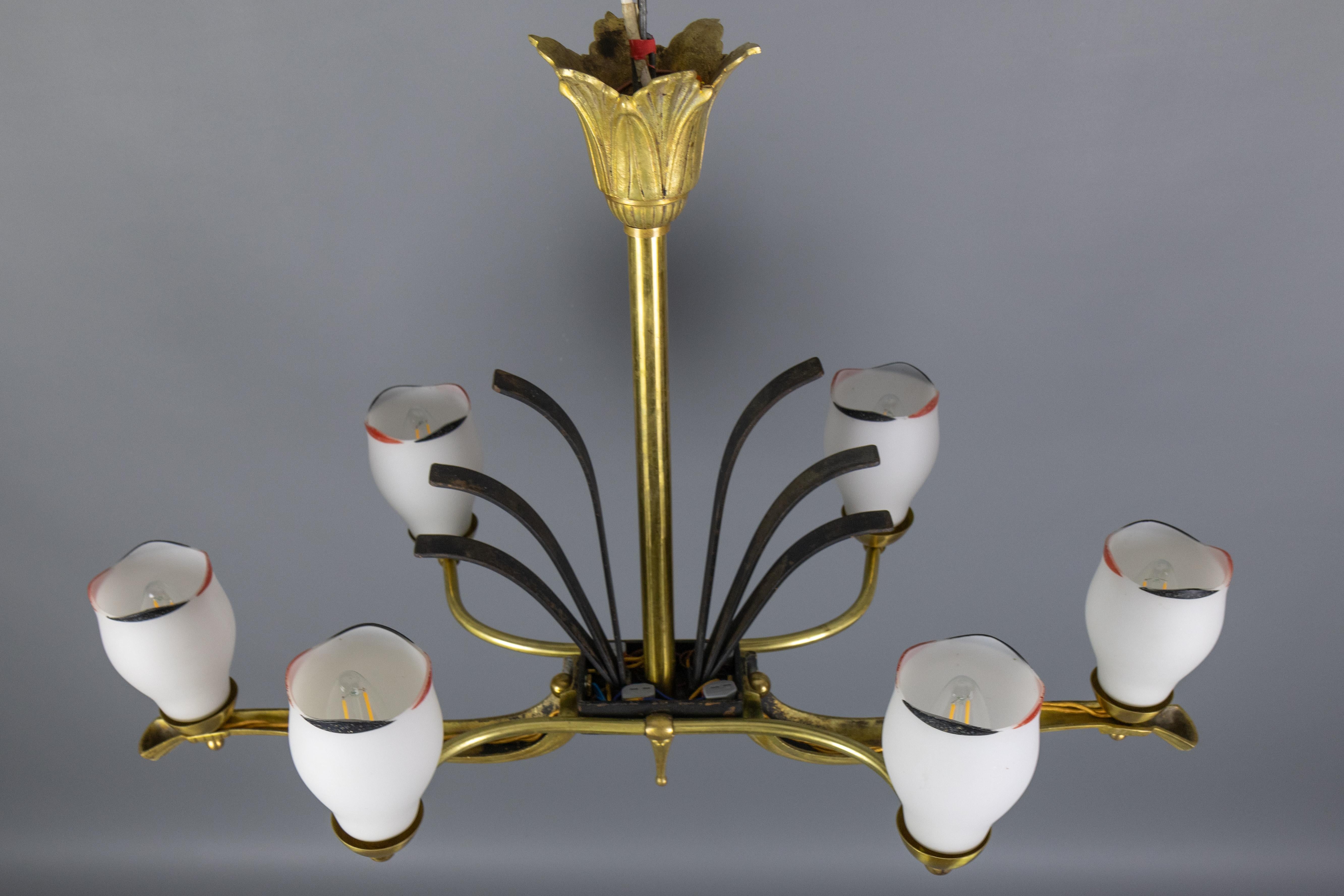 French Art Deco White Glass, Bronze, Brass and Iron Six-Light Chandelier For Sale 11