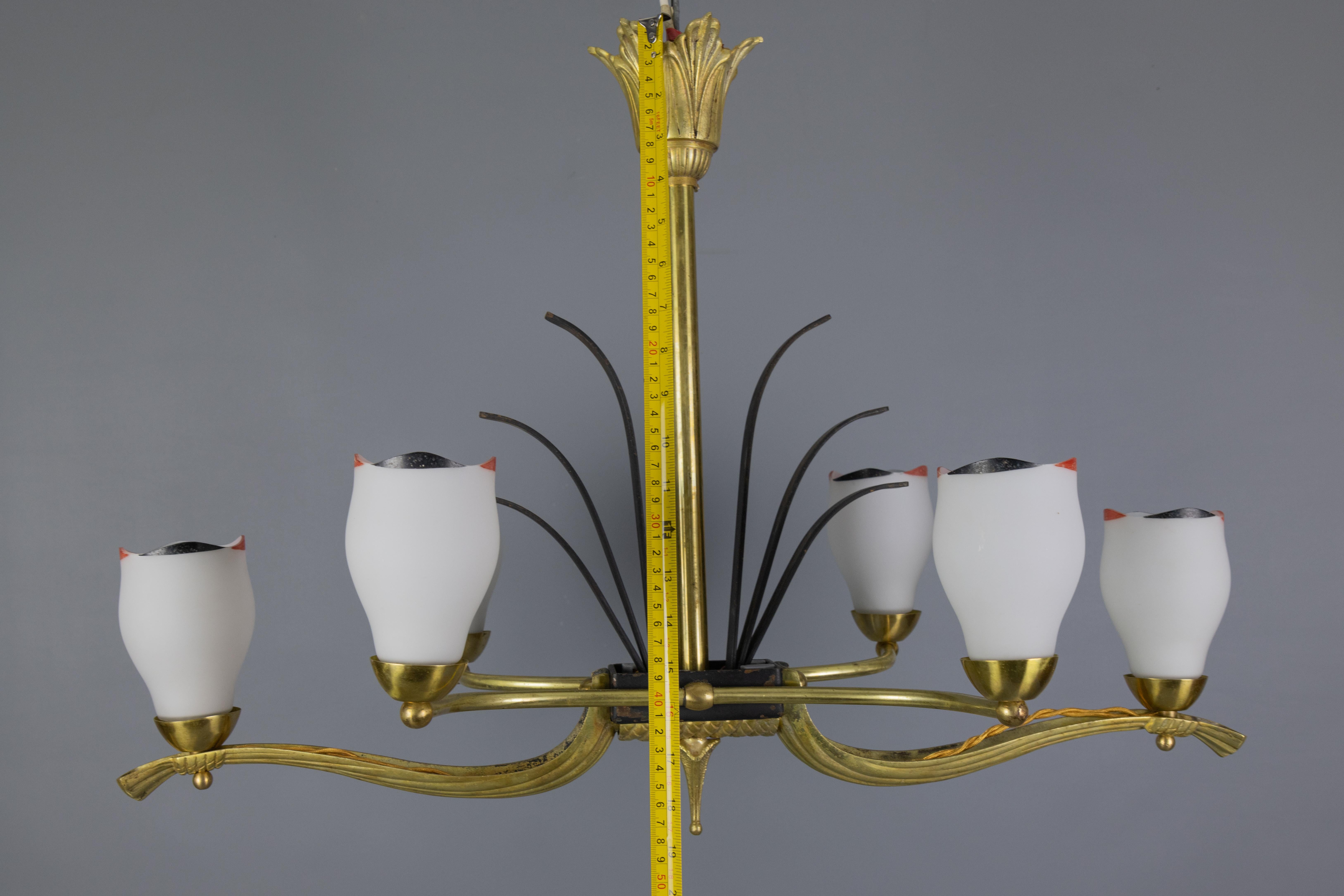 French Art Deco White Glass, Bronze, Brass and Iron Six-Light Chandelier For Sale 12