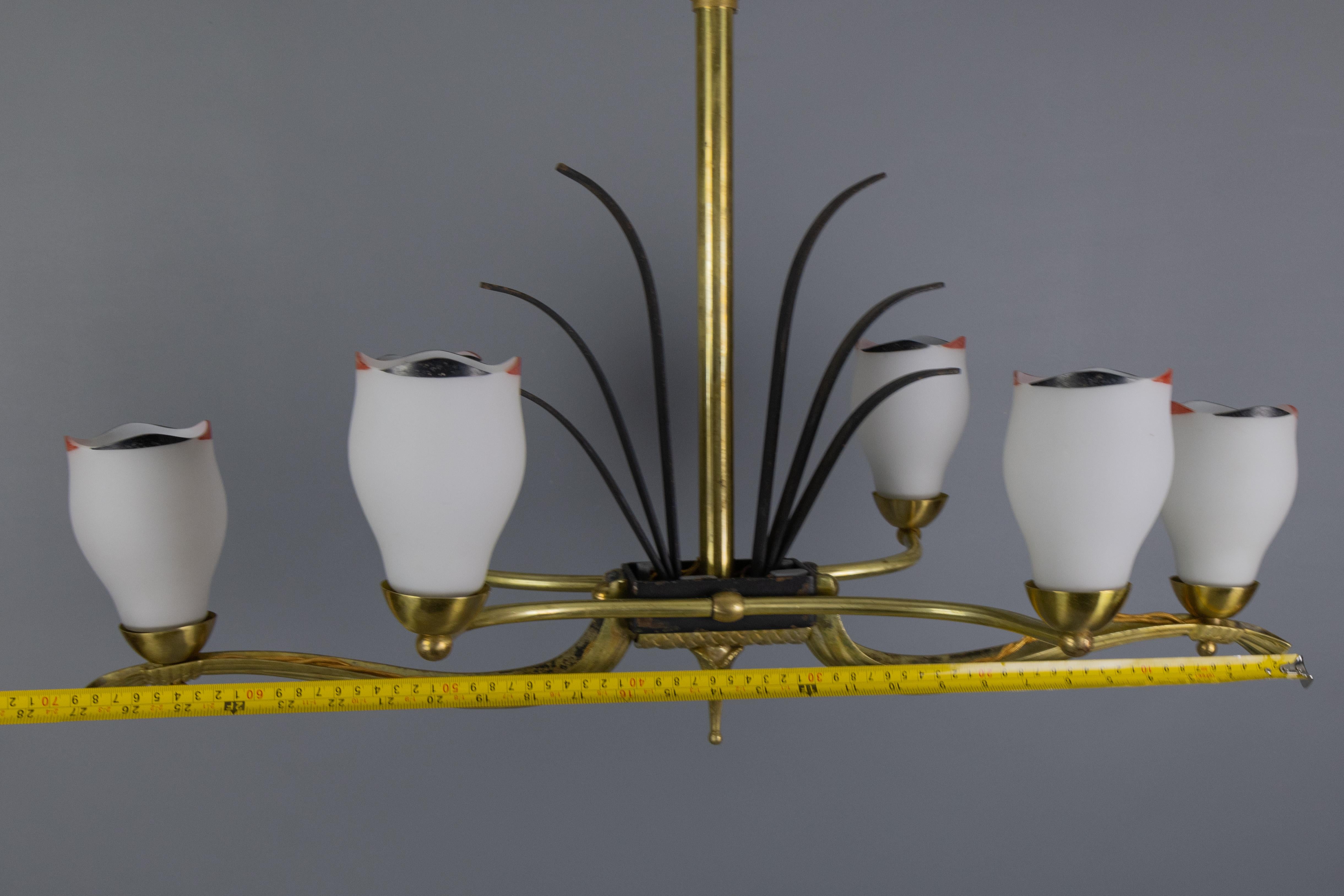 French Art Deco White Glass, Bronze, Brass and Iron Six-Light Chandelier For Sale 13
