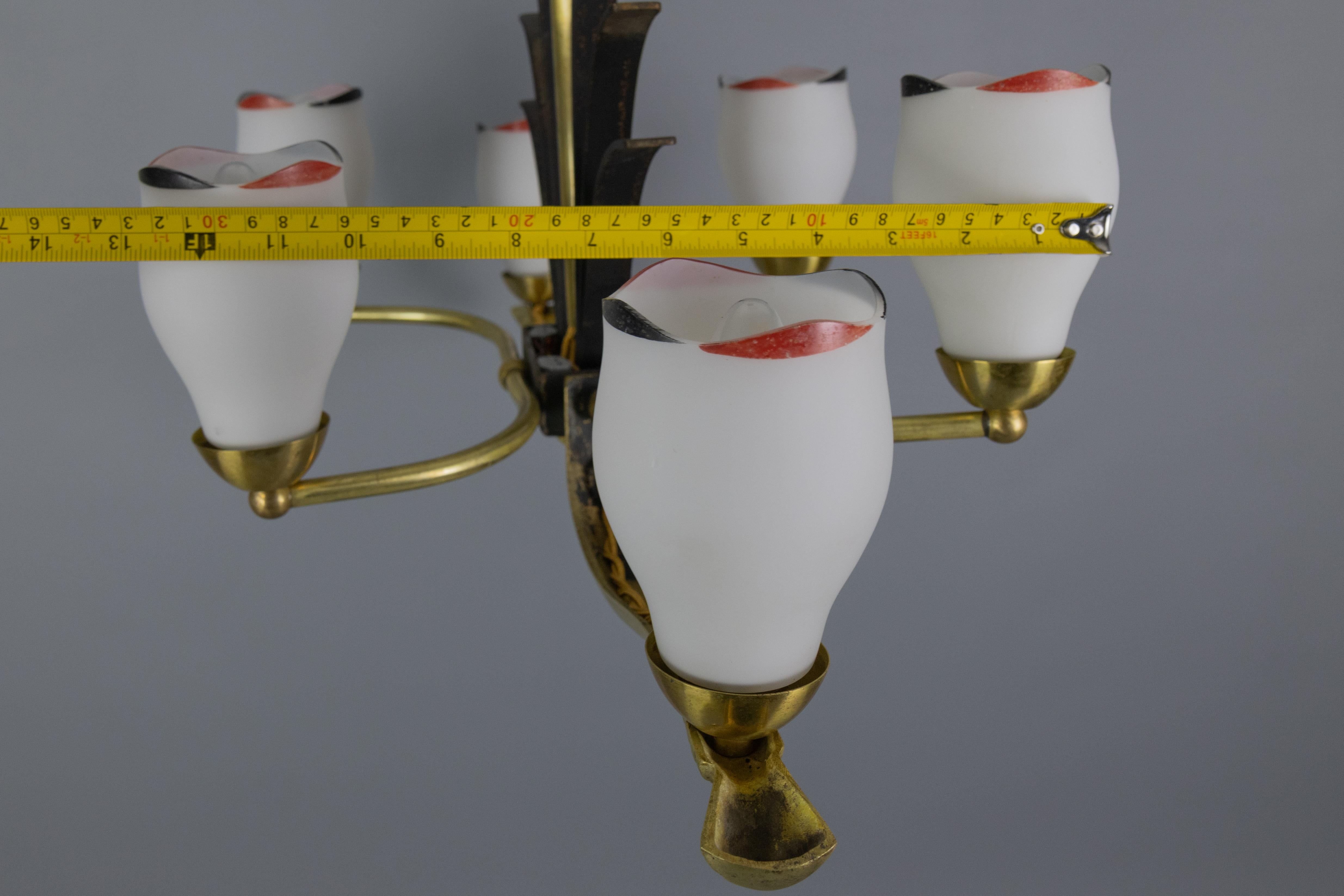 French Art Deco White Glass, Bronze, Brass and Iron Six-Light Chandelier For Sale 14
