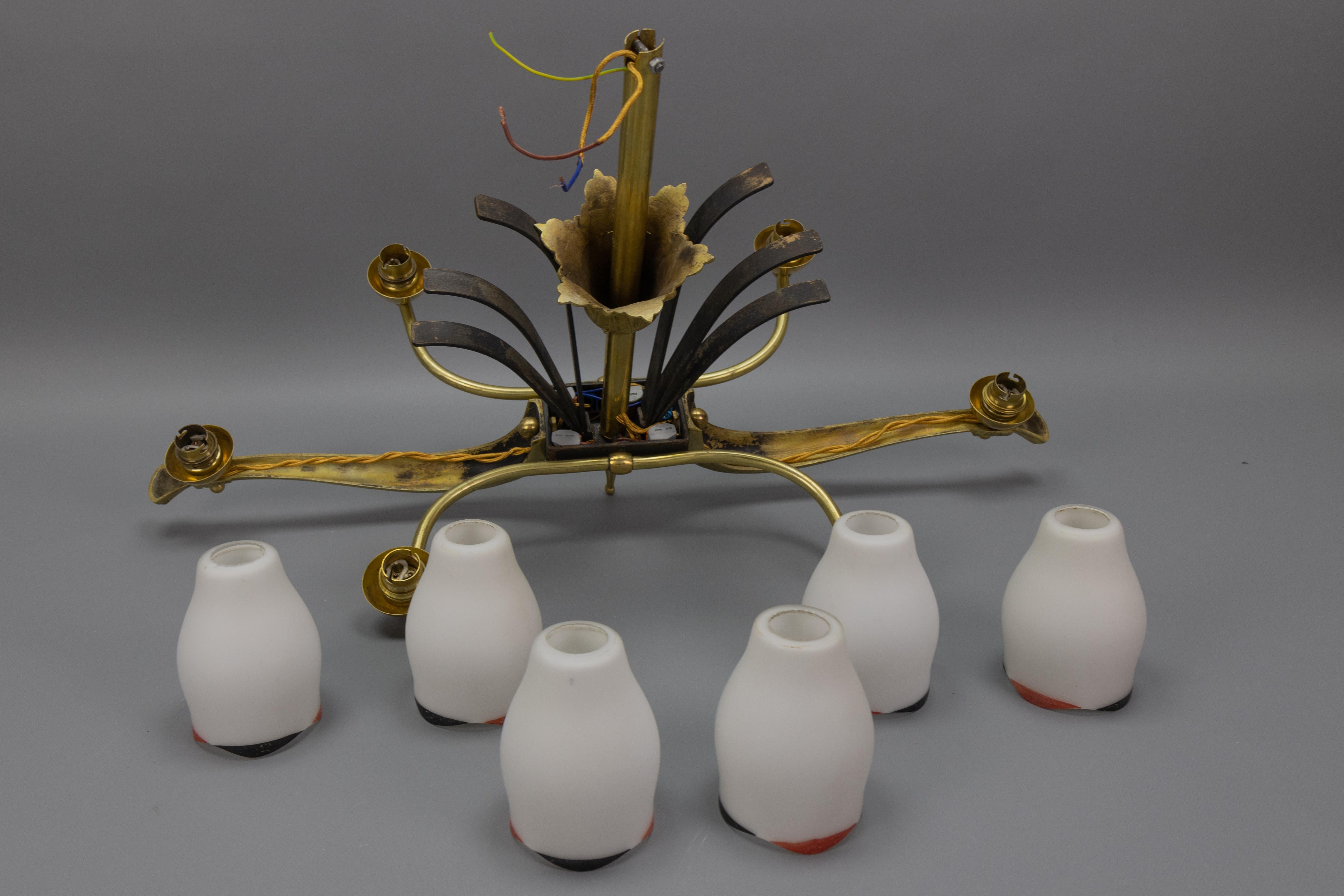 French Art Deco White Glass, Bronze, Brass and Iron Six-Light Chandelier For Sale 15