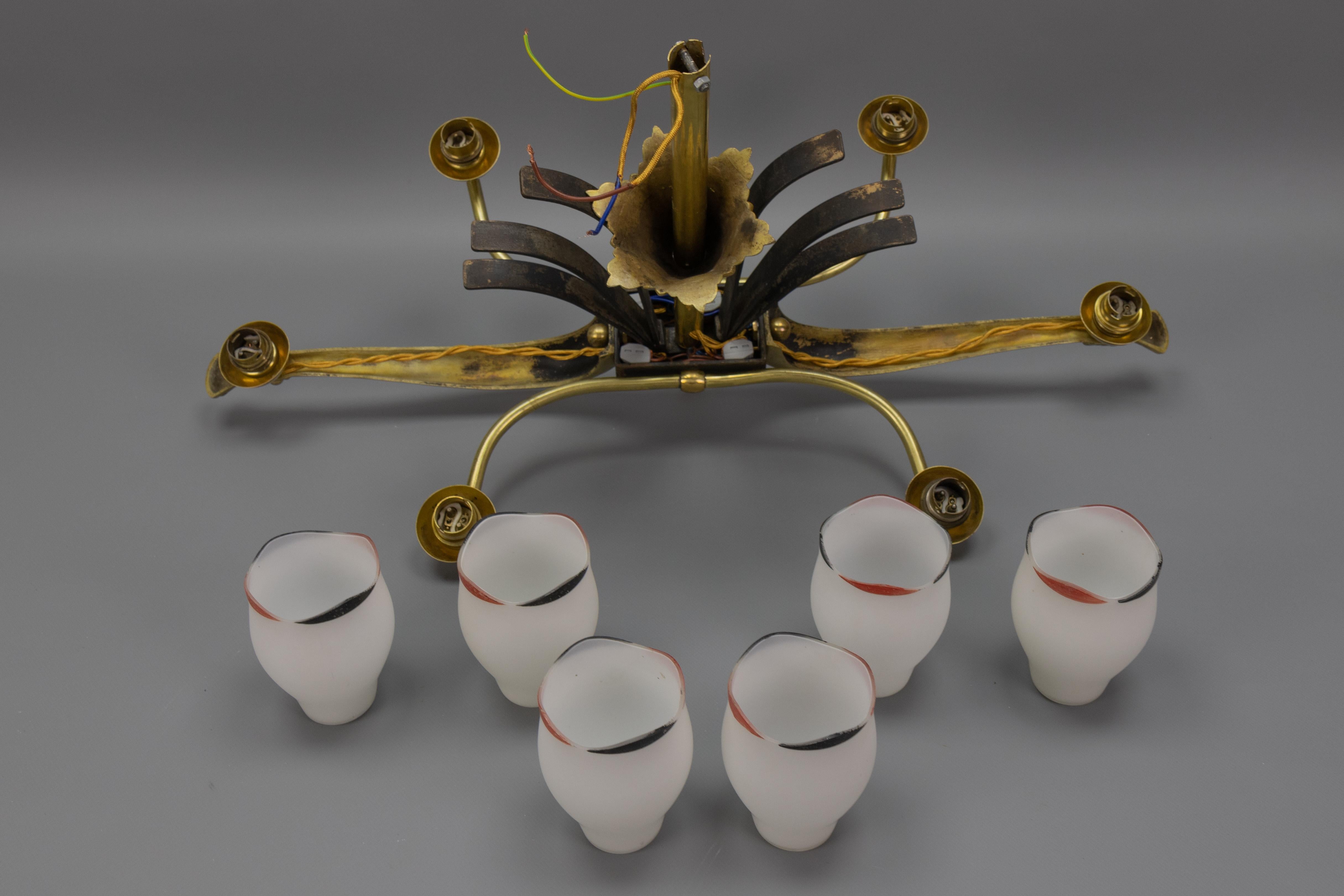 French Art Deco White Glass, Bronze, Brass and Iron Six-Light Chandelier For Sale 16