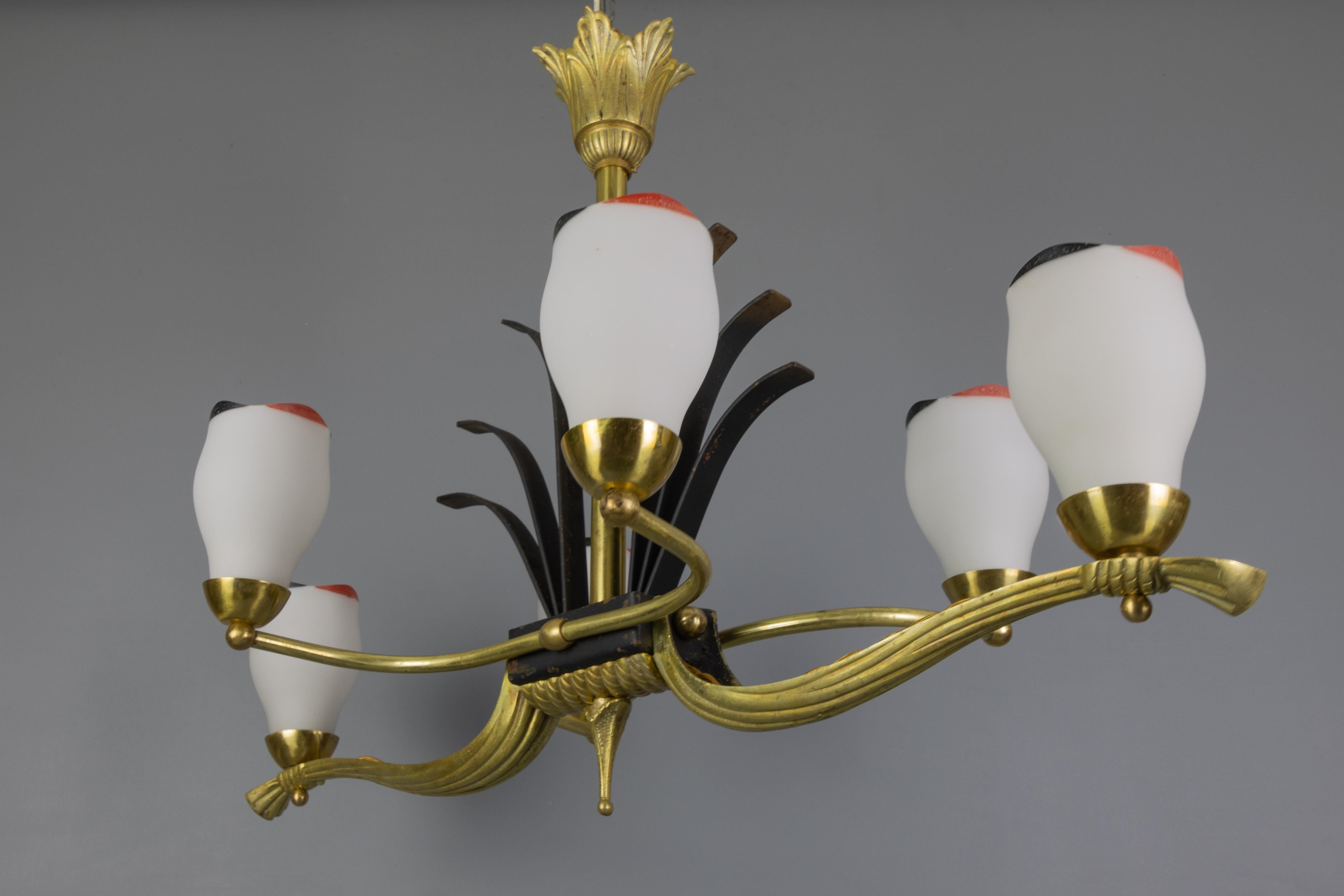 French Art Deco White Glass, Bronze, Brass and Iron Six-Light Chandelier In Good Condition For Sale In Barntrup, DE