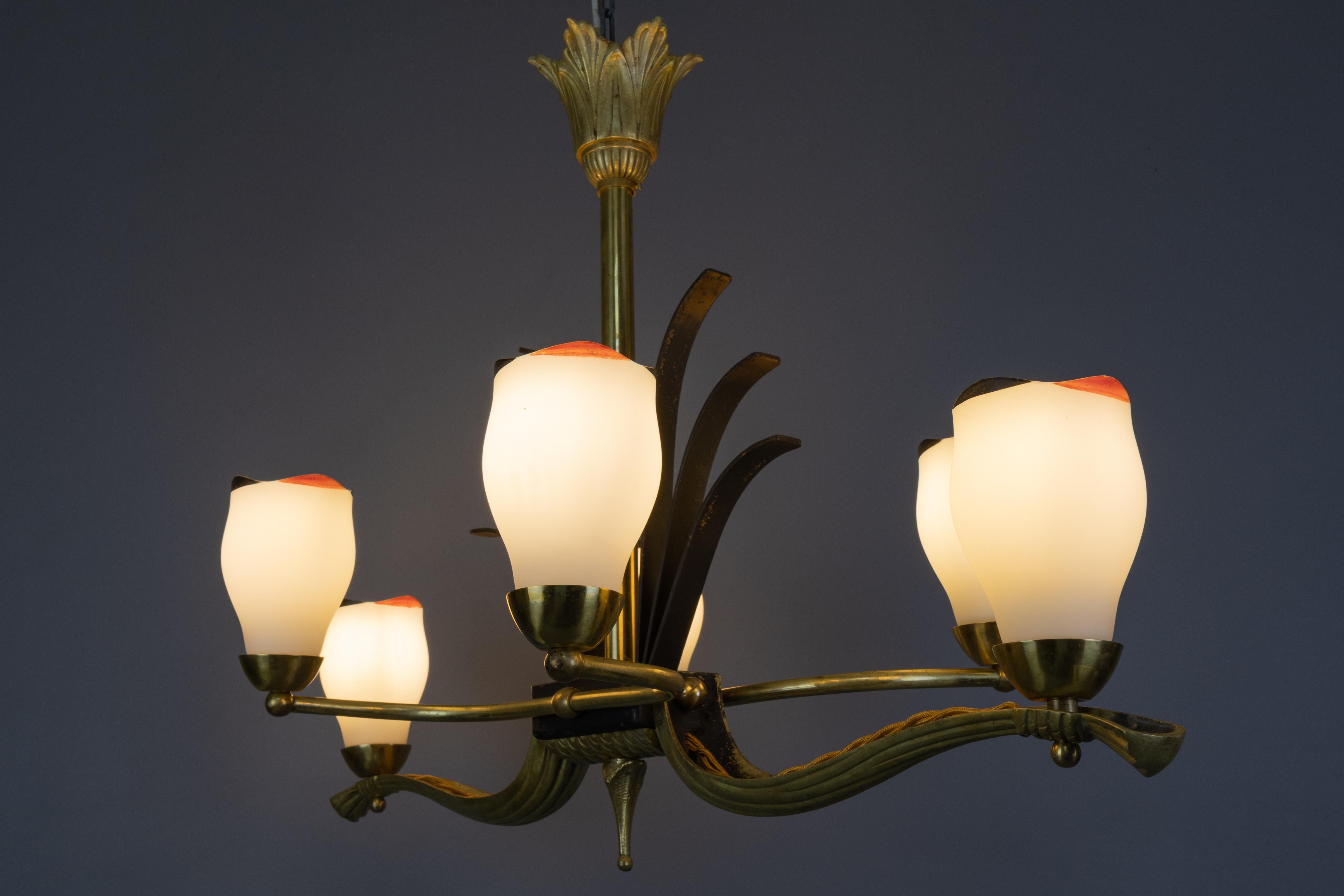 Early 20th Century French Art Deco White Glass, Bronze, Brass and Iron Six-Light Chandelier For Sale