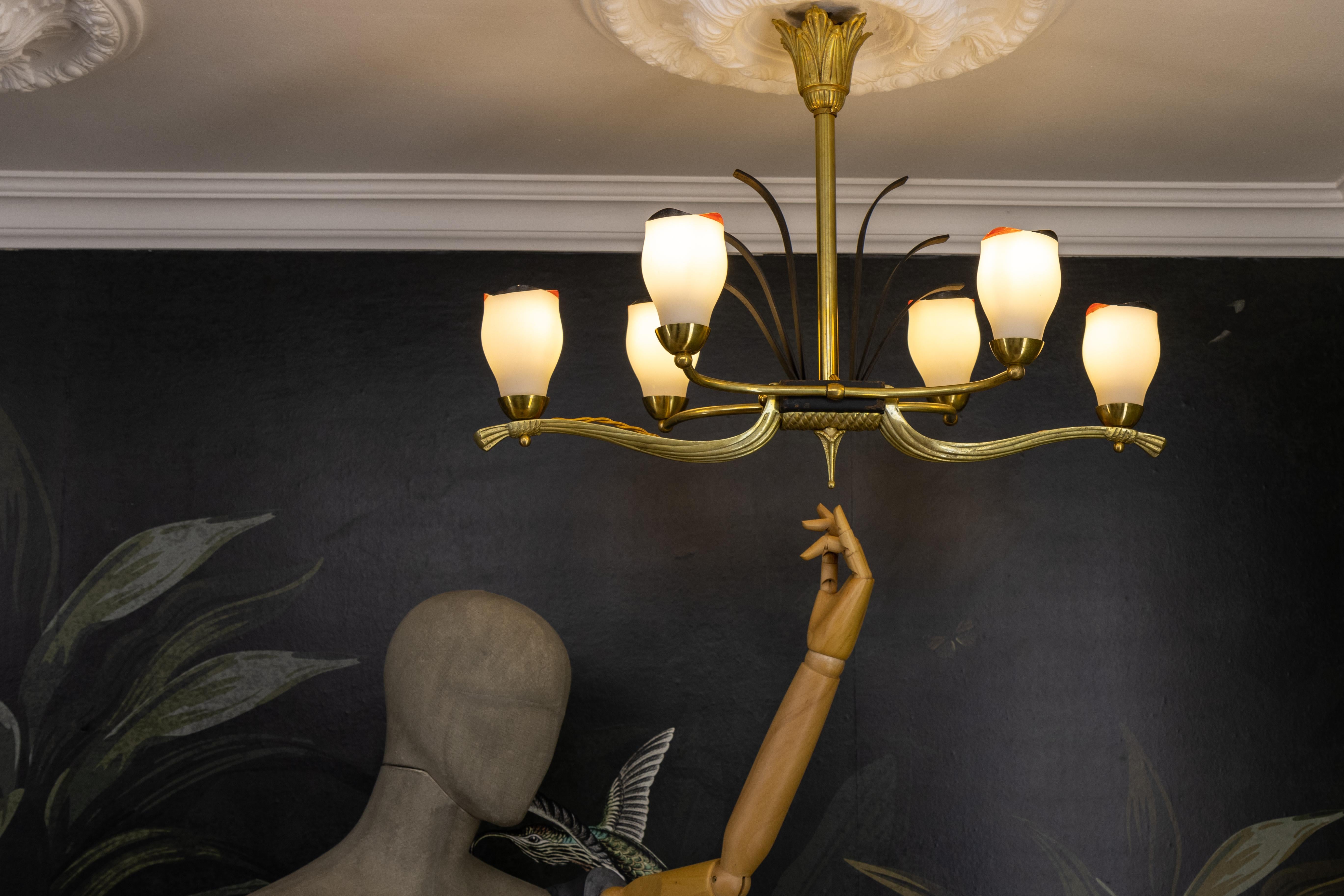 French Art Deco White Glass, Bronze, Brass and Iron Six-Light Chandelier For Sale 2