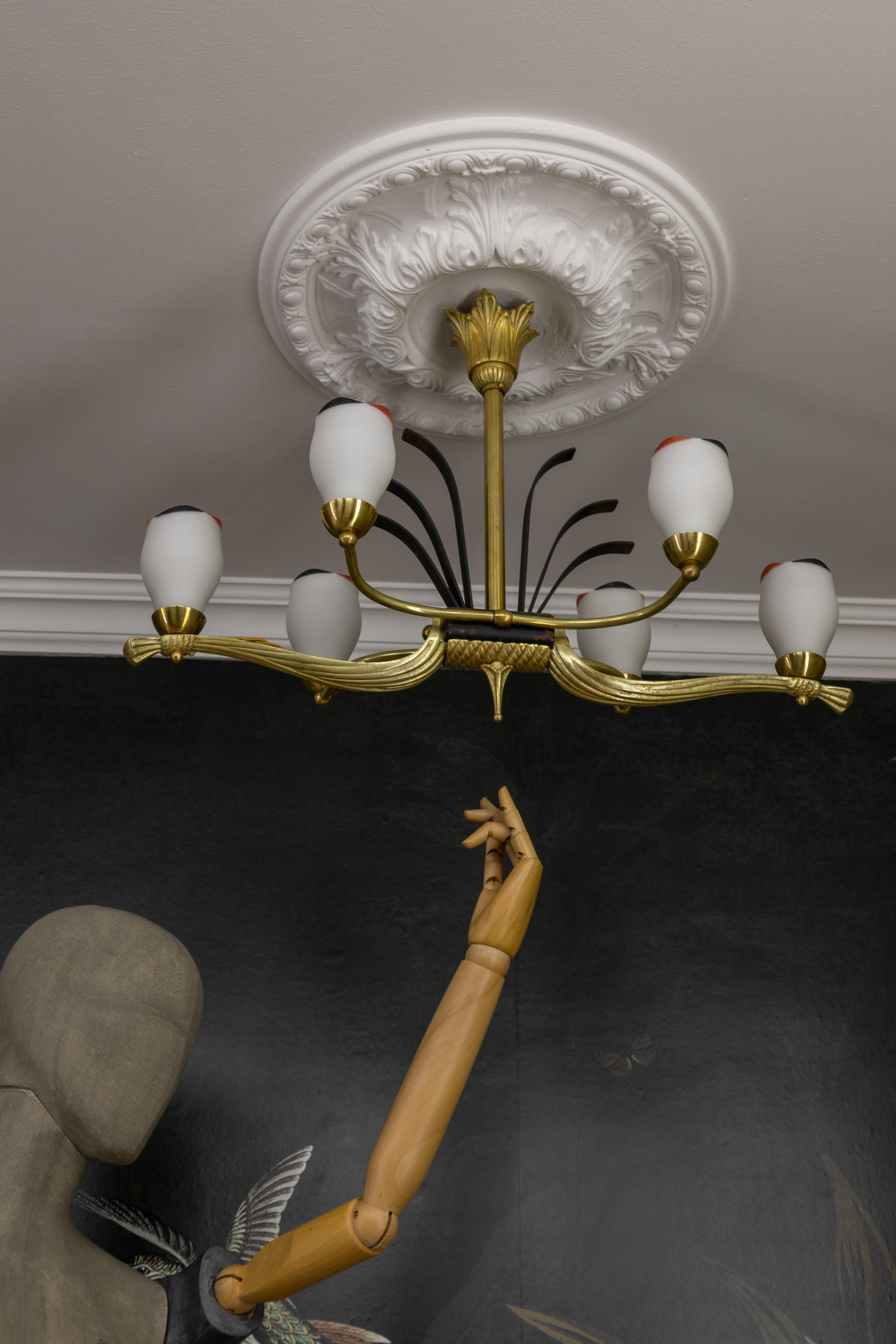 French Art Deco White Glass, Bronze, Brass and Iron Six-Light Chandelier For Sale 4