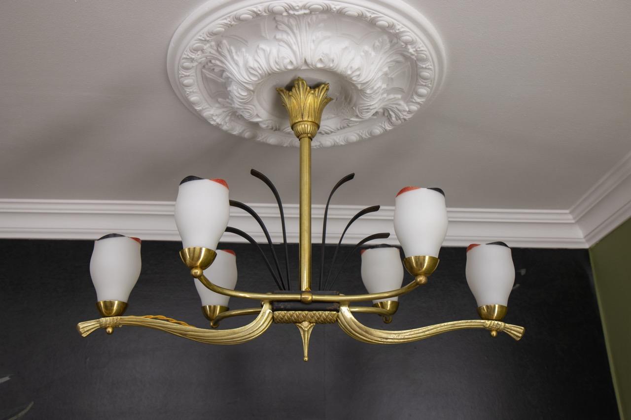 French Art Deco White Glass, Bronze, Brass and Iron Six-Light Chandelier For Sale 5