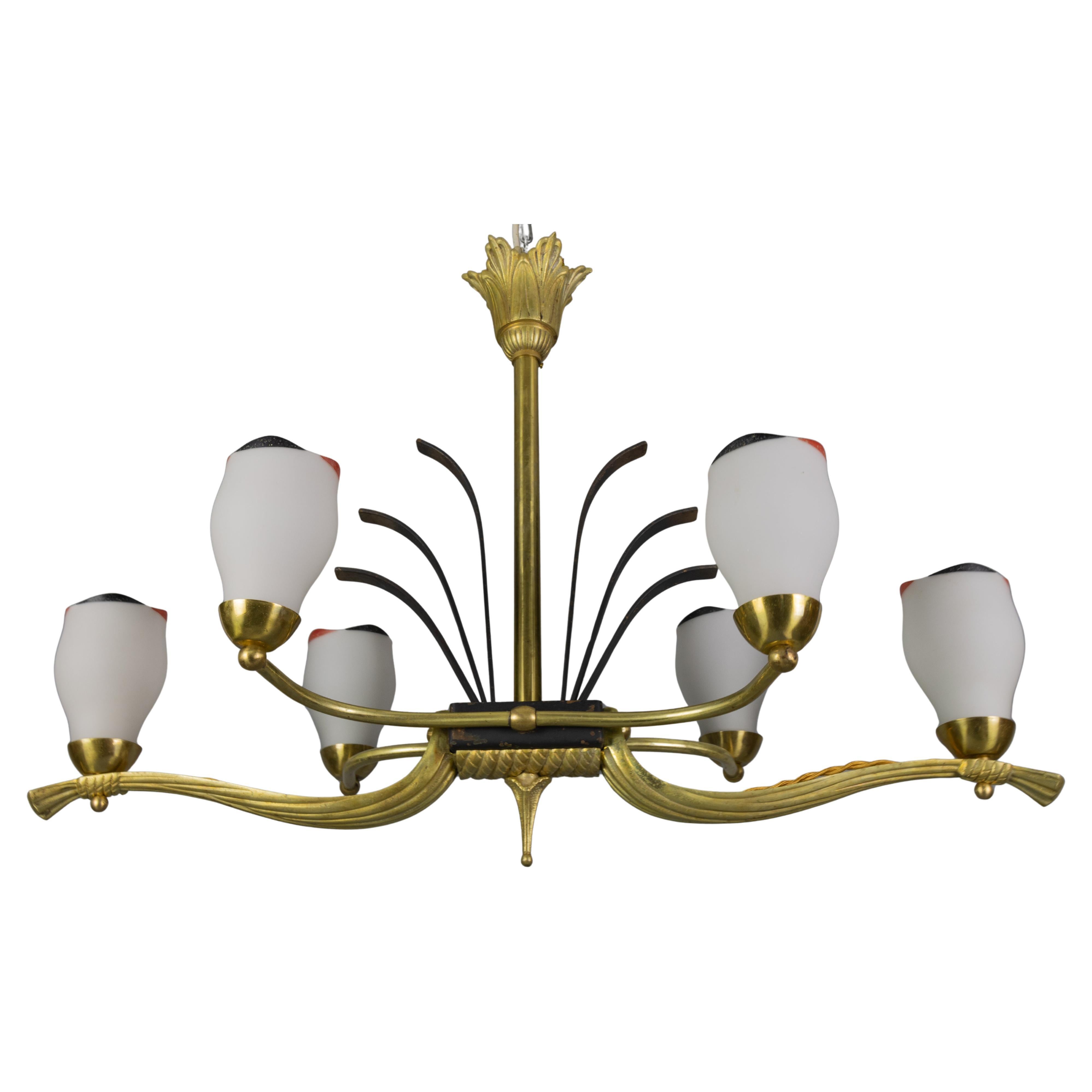 French Art Deco White Glass, Bronze, Brass and Iron Six-Light Chandelier For Sale