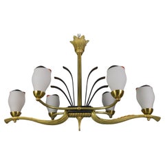 French Art Deco White Glass, Bronze, Brass and Iron Six-Light Chandelier