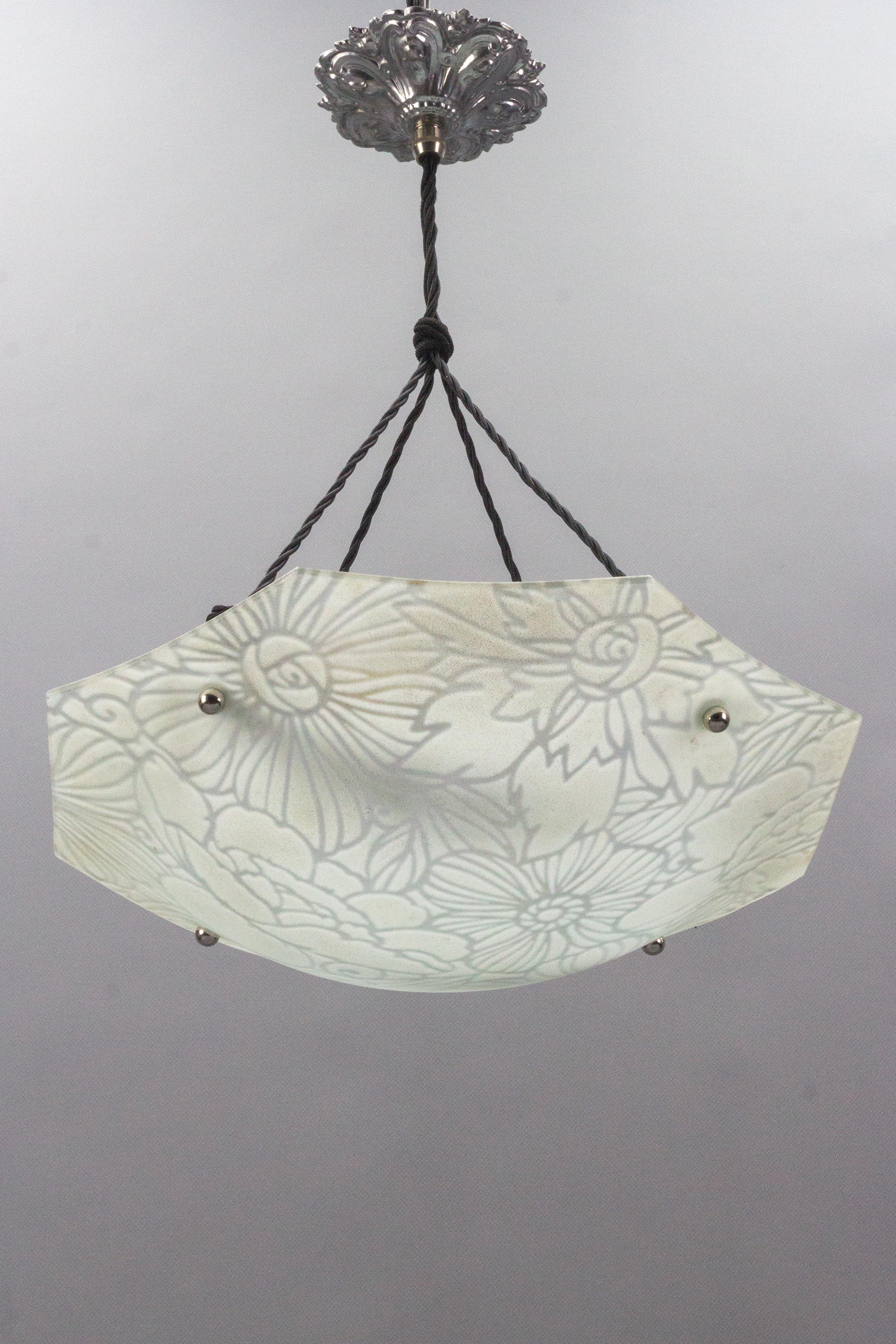 French Art Deco White Glass Two-Light Pendant Light Signed Loys Lucha For Sale 5