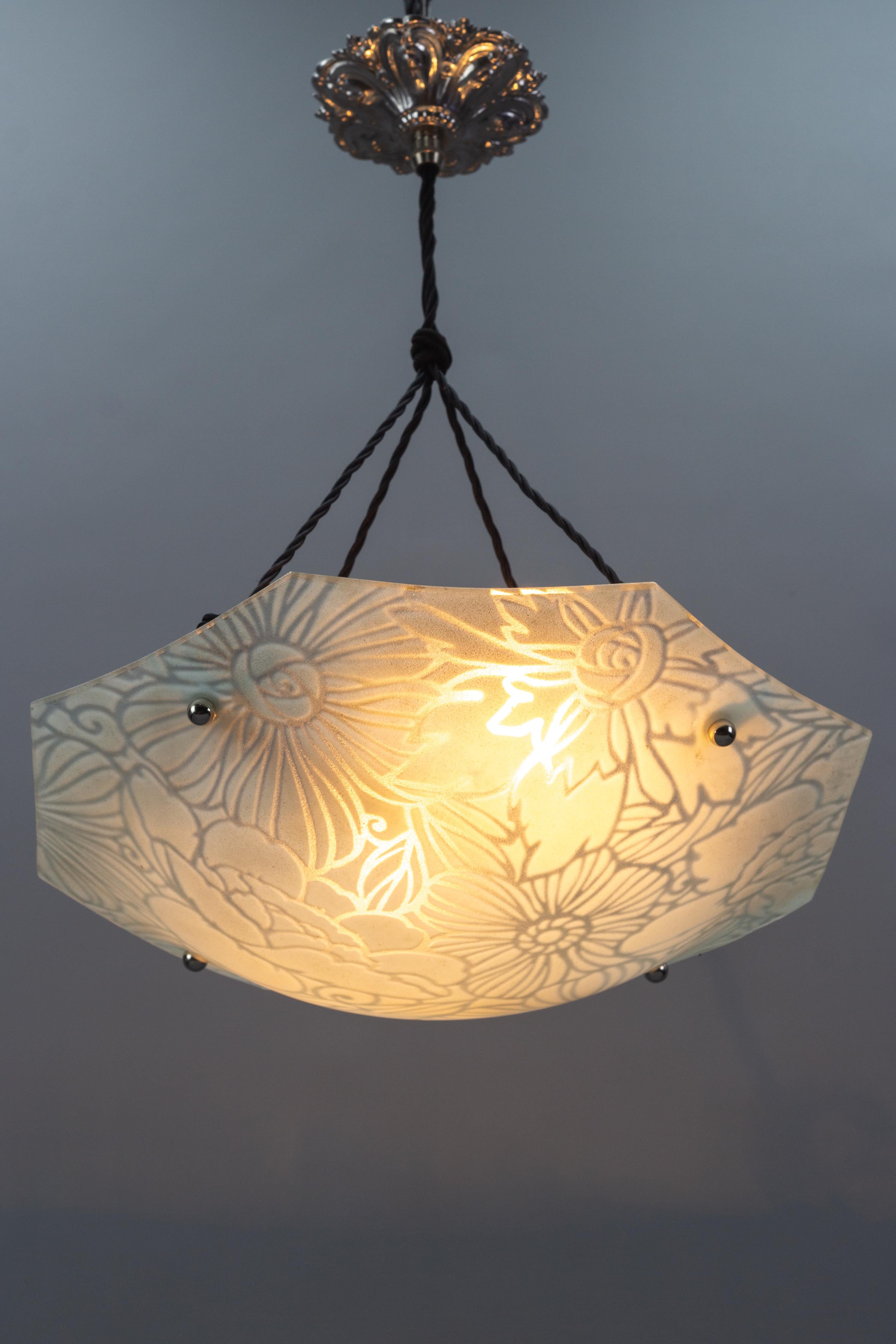 French Art Deco White Glass Two-Light Pendant Light Signed Loys Lucha For Sale 6