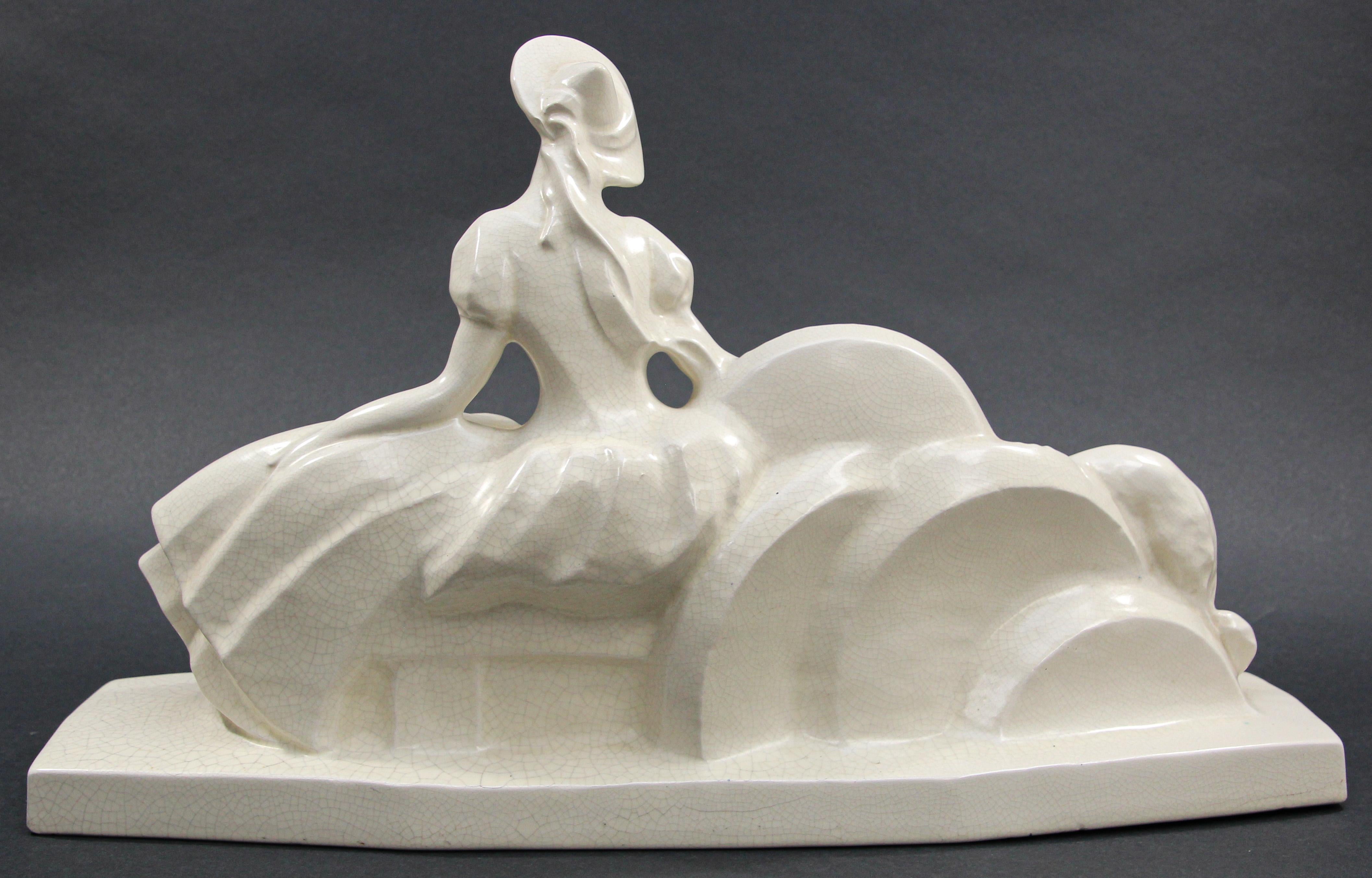 French Art Deco White Glazed Ceramic of a Lady with Her Greyhound by Lejan For Sale 5