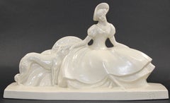 French Art Deco White Glazed Ceramic of a Lady with Her Greyhound by Lejan