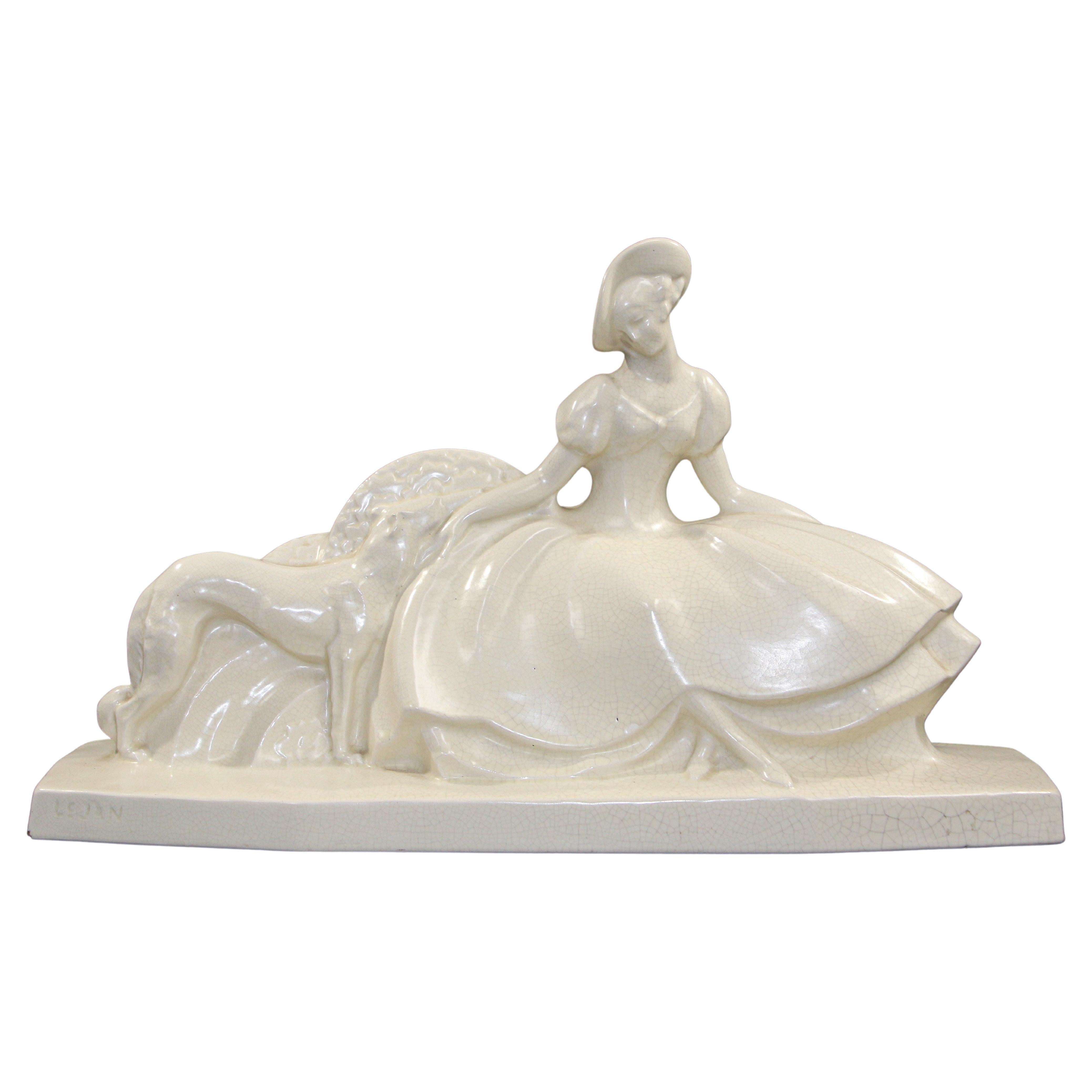 French Art Deco White Glazed Ceramic of a Lady with Her Greyhound by Lejan