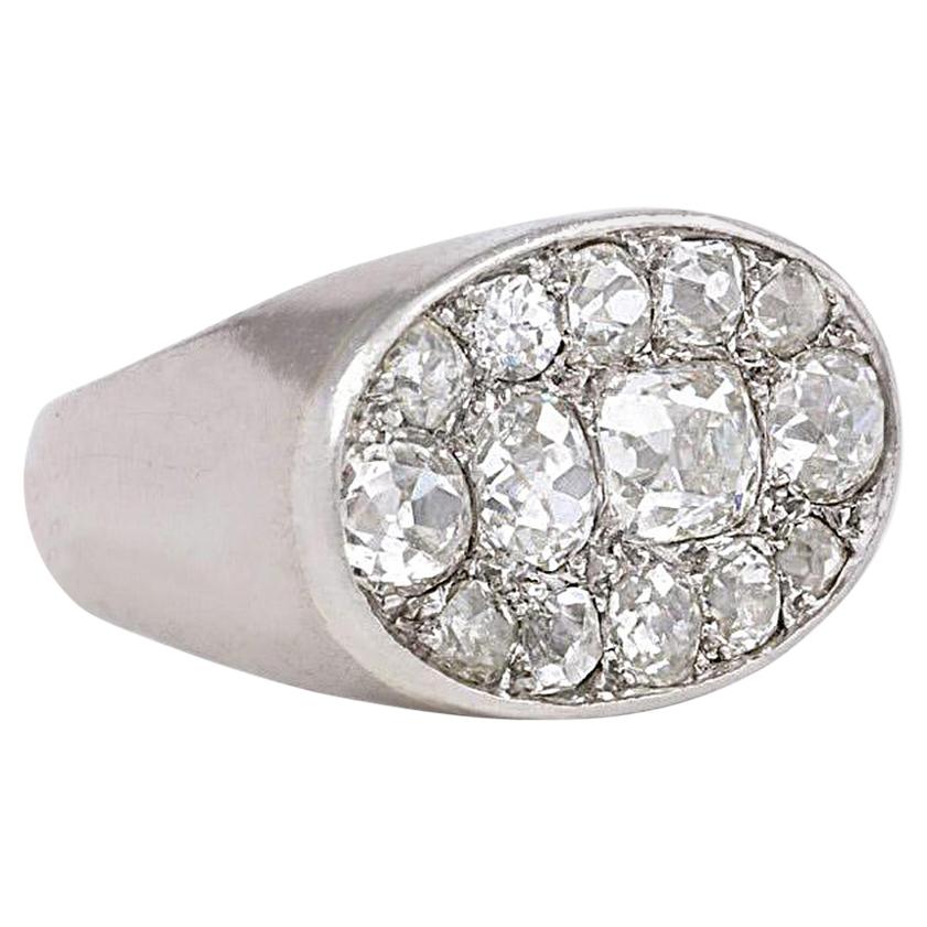 French Art Deco White Gold and Old Mine Diamond Panel Ring