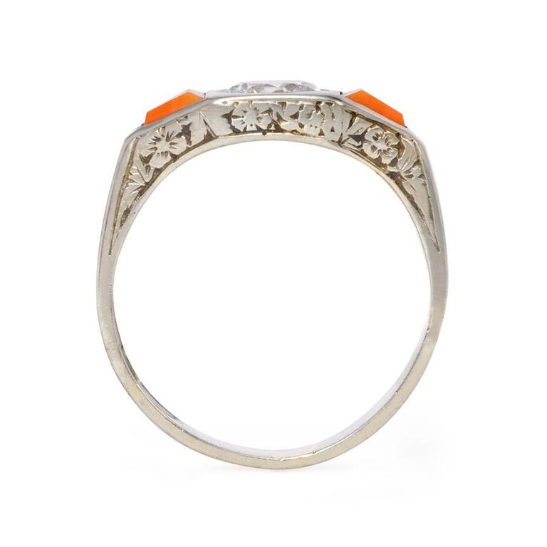 Trapezoid Cut French Art Deco White Gold, Coral, and Diamond Ring For Sale