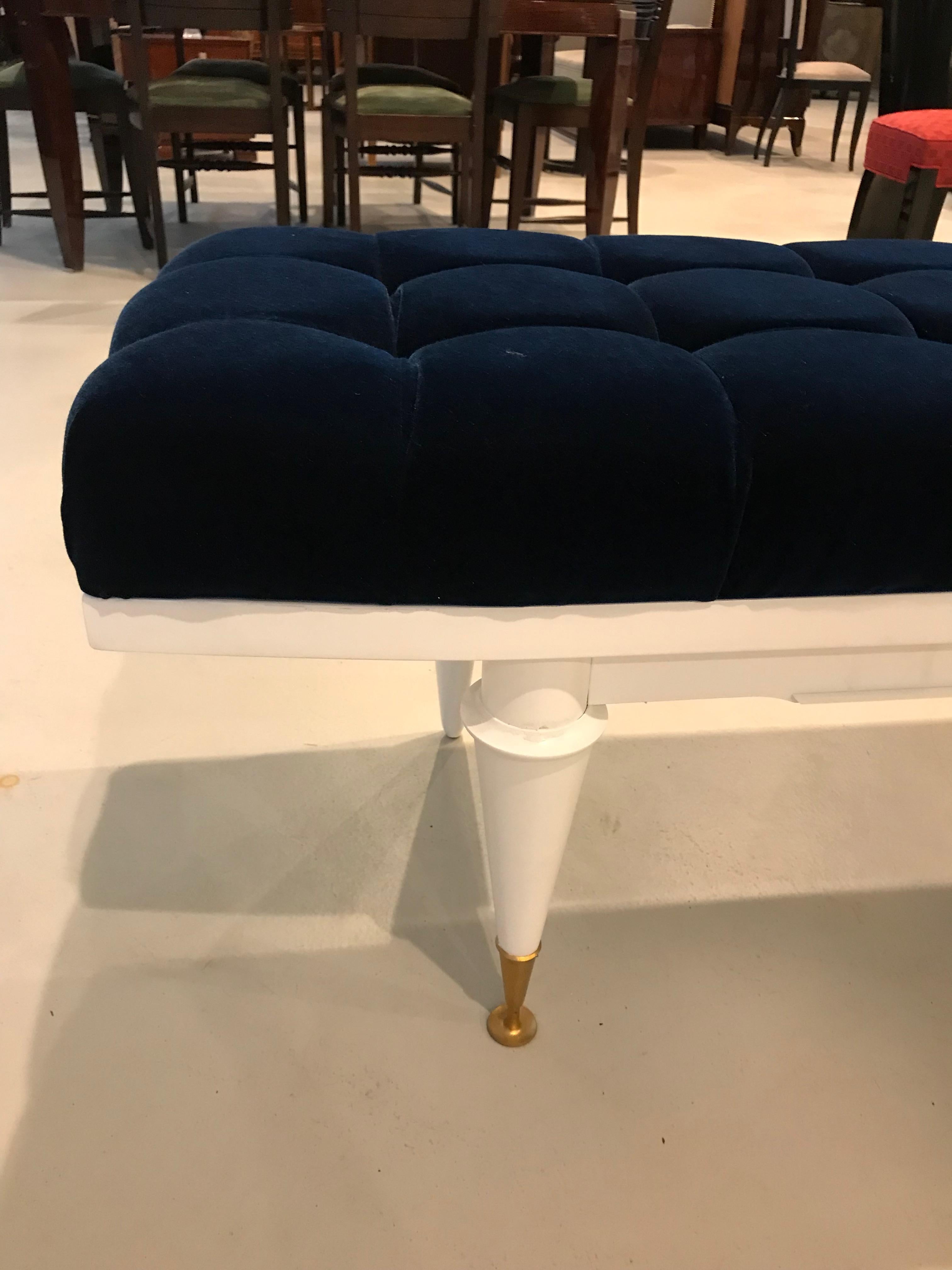 Velvet French Art Deco White Lacquered Long Sitting Bench