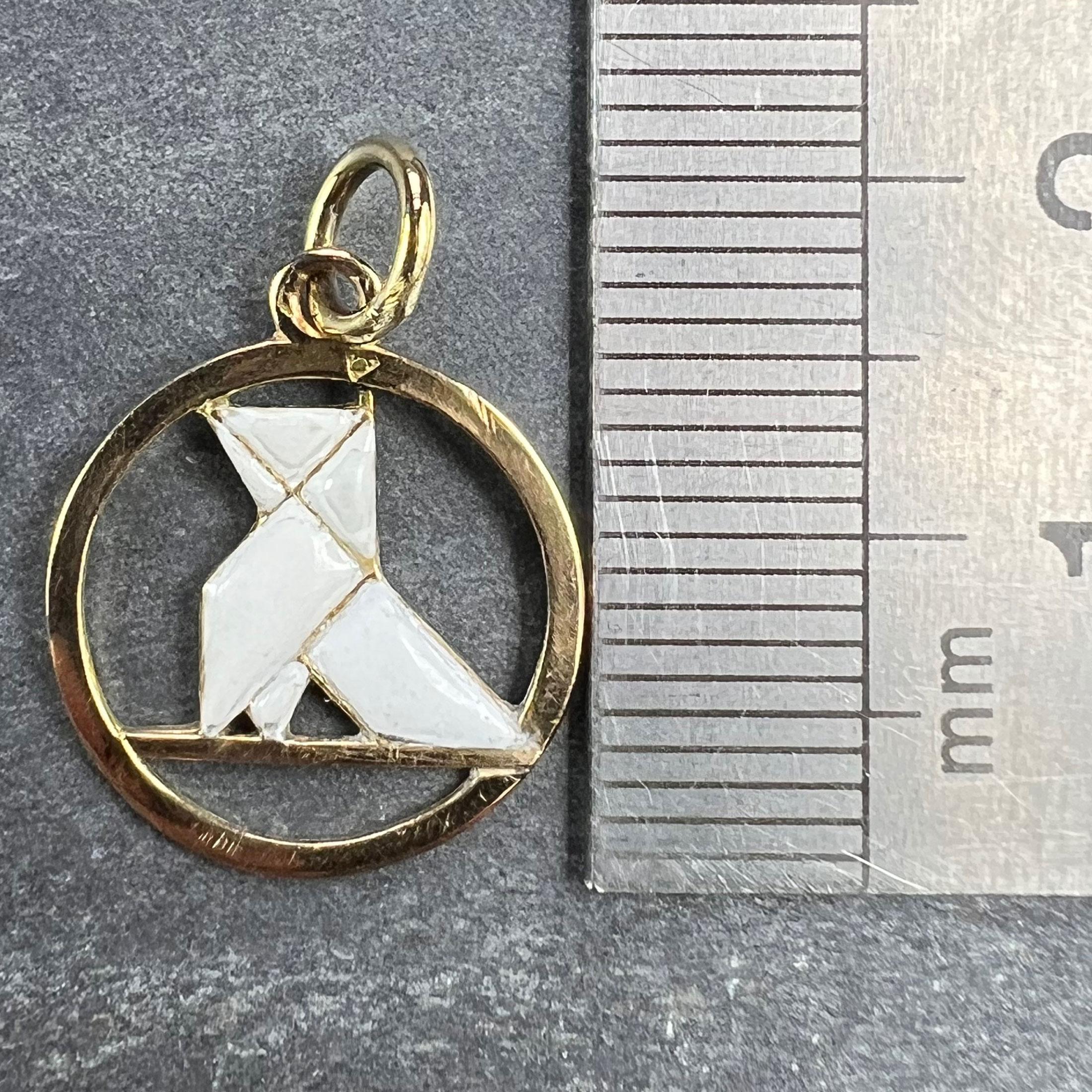 French Art Deco White Origami Bird 18K Yellow Gold Enamel Charm Pendant For Sale 6