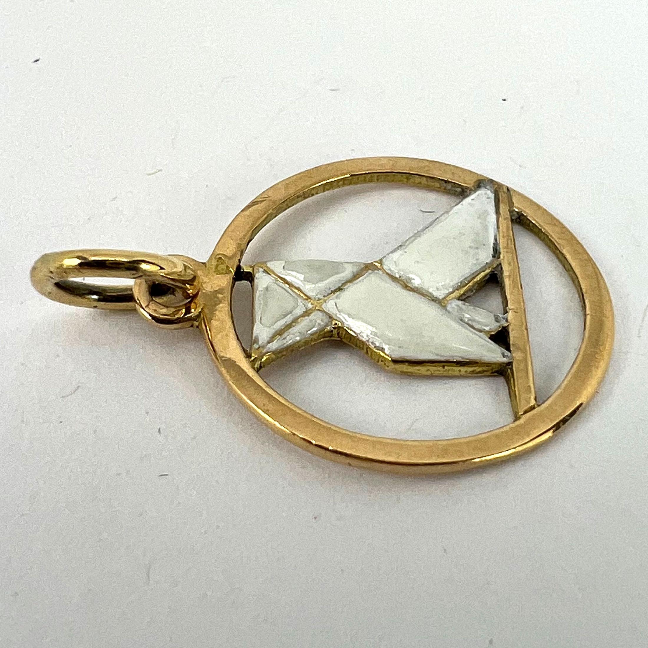 French Art Deco White Origami Bird 18K Yellow Gold Enamel Charm Pendant For Sale 11