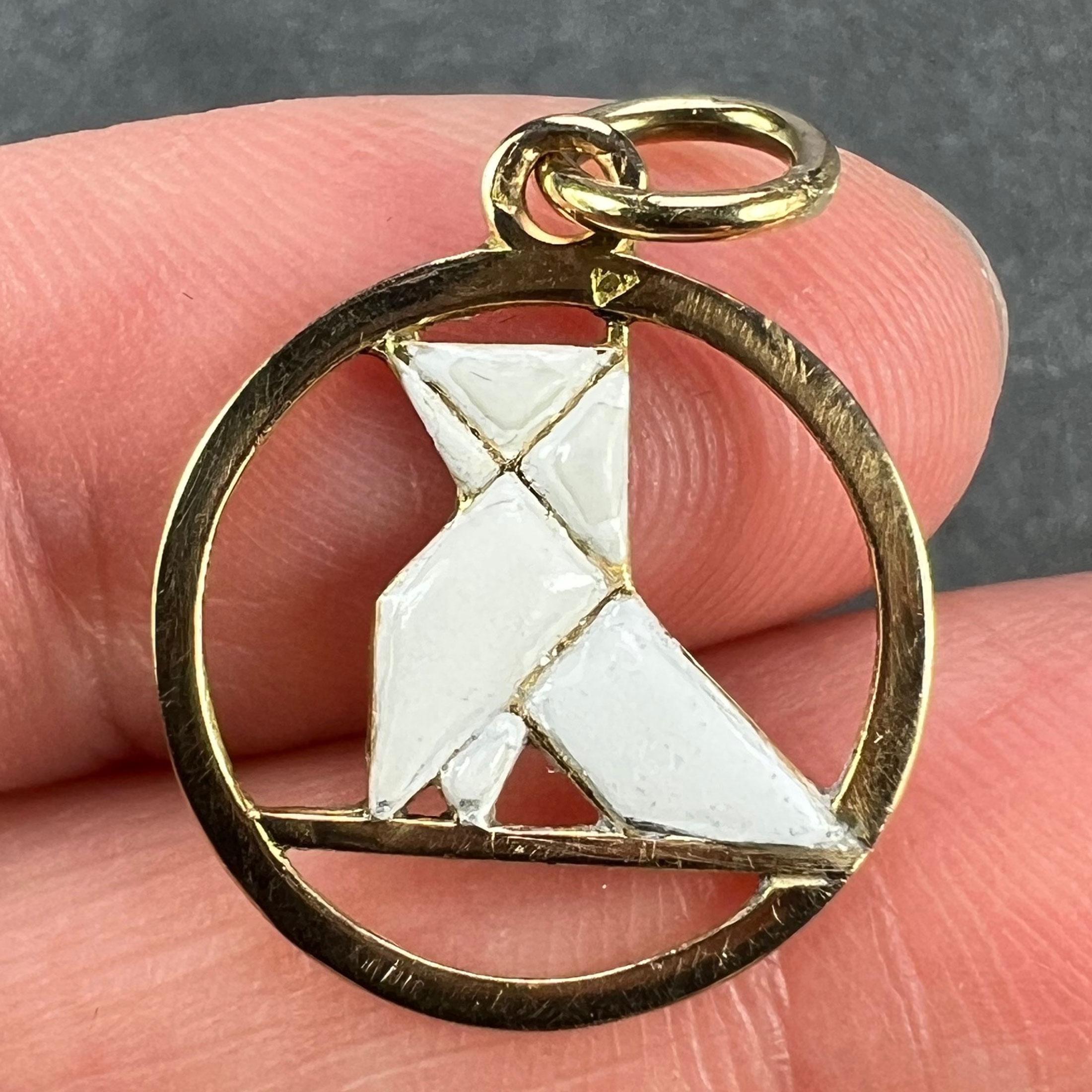 French Art Deco White Origami Bird 18K Yellow Gold Enamel Charm Pendant For Sale 1