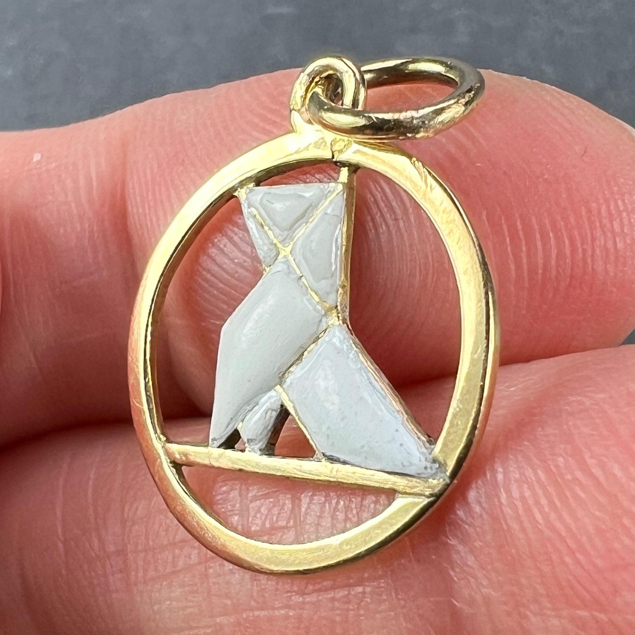 French Art Deco White Origami Bird 18K Yellow Gold Enamel Charm Pendant For Sale 2