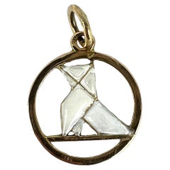 French Art Deco White Origami Bird 18K Yellow Gold Enamel Charm Pendant