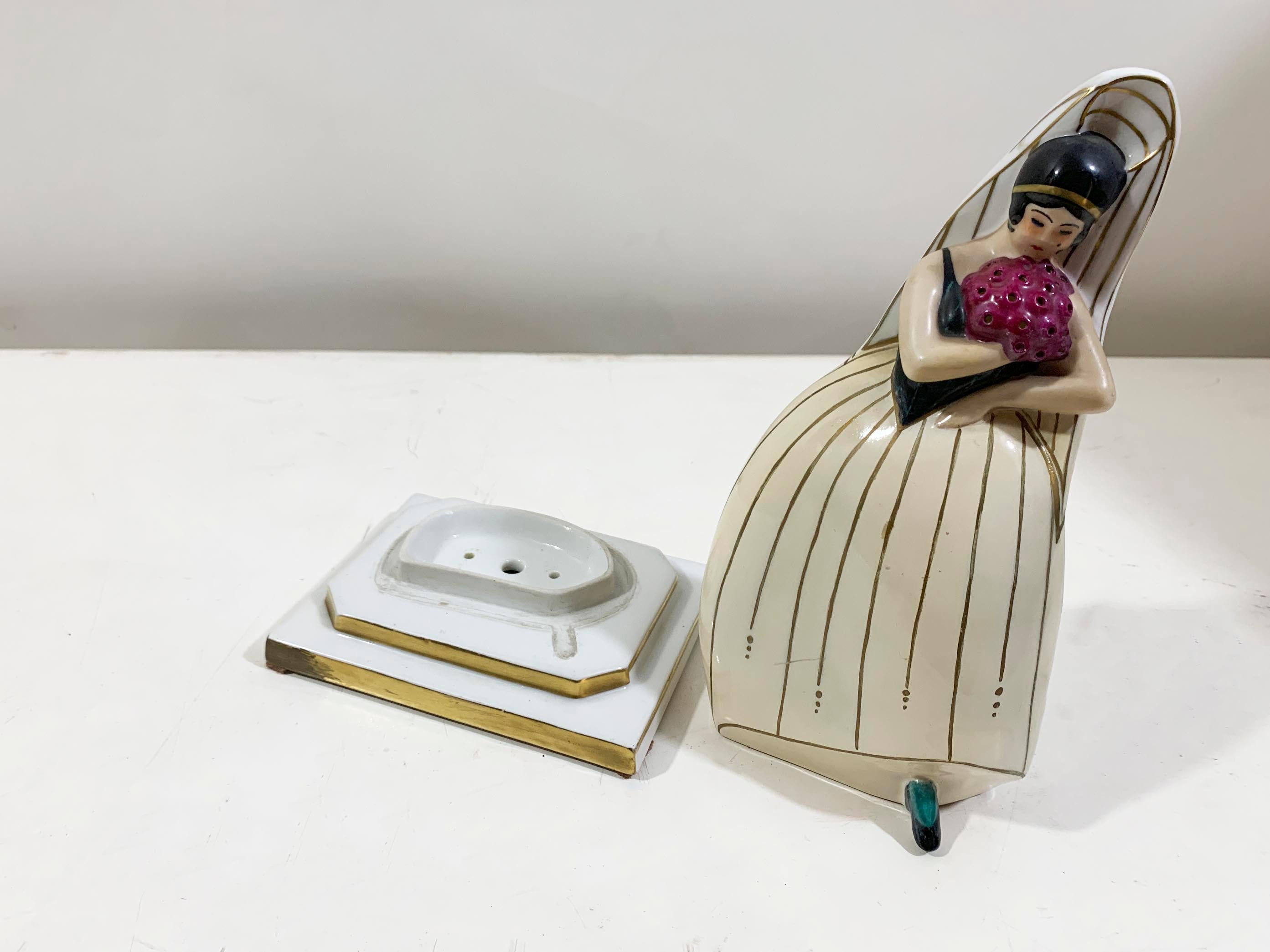 Difusor de Perfume Figural de Porcelana Blanca Art Decó Francesa Estampado 