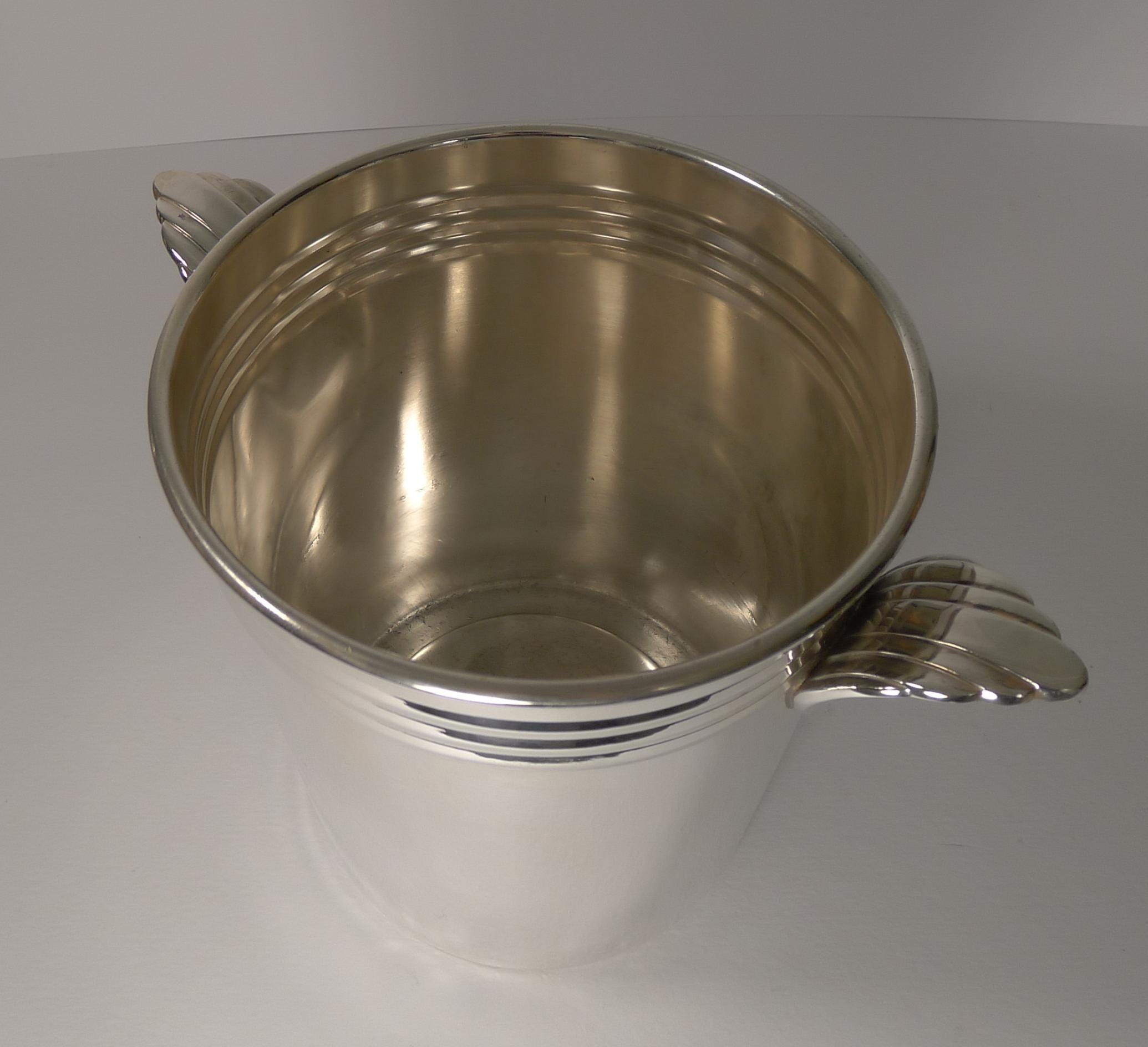 English French Art Deco Wine Cooler or Champagne Bucket circa 1930s in Silver Plate