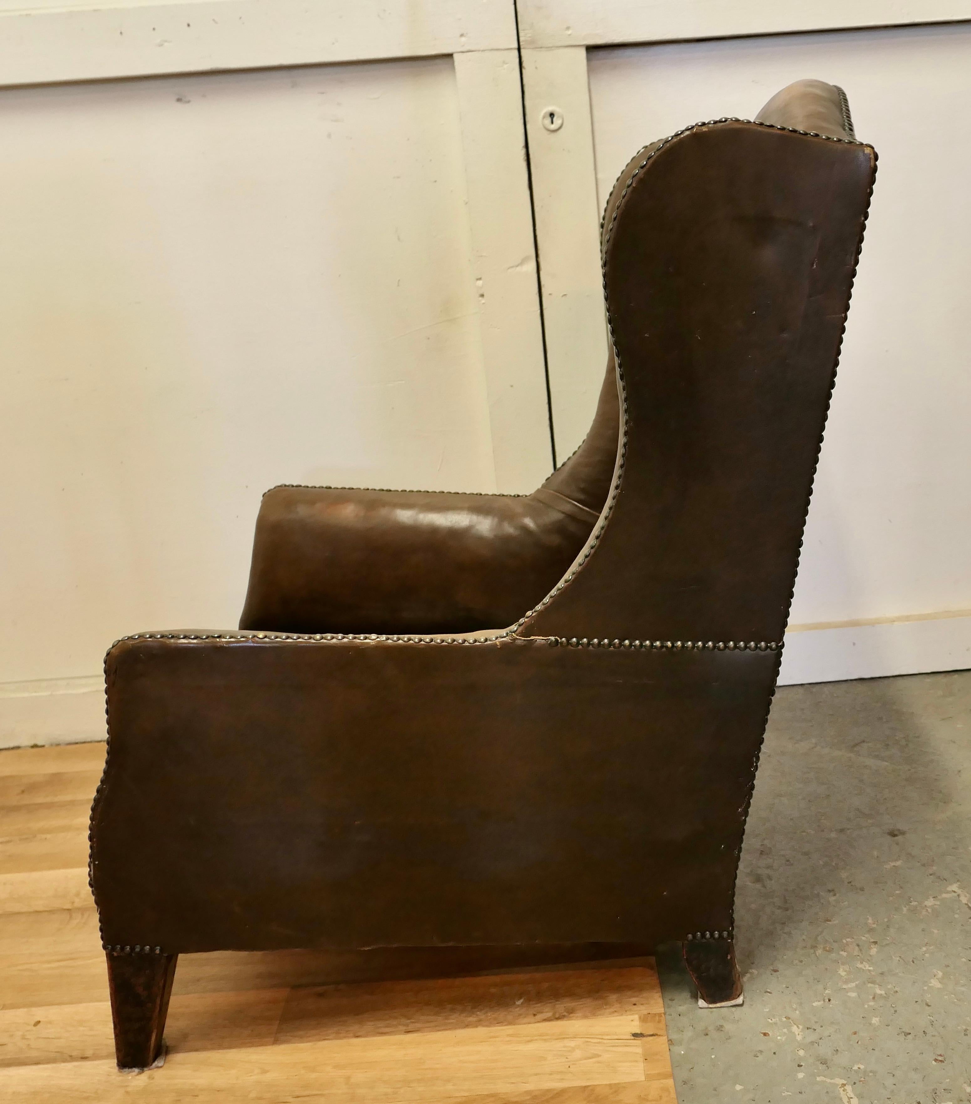 20th Century French Art Deco Wing Back Chair, in Dark Brown Leather For Sale