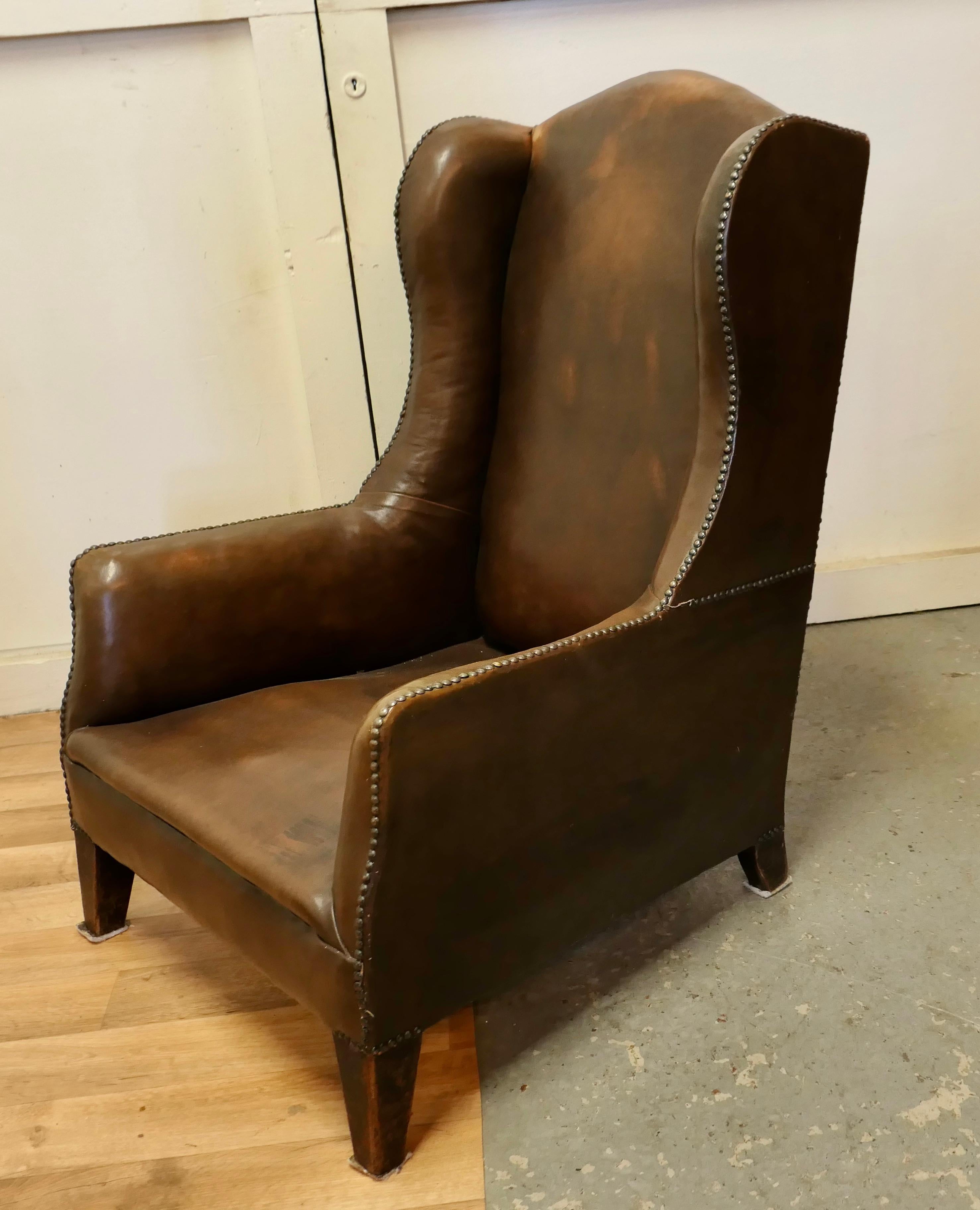 French Art Deco Wing Back Chair, in Dark Brown Leather For Sale 2