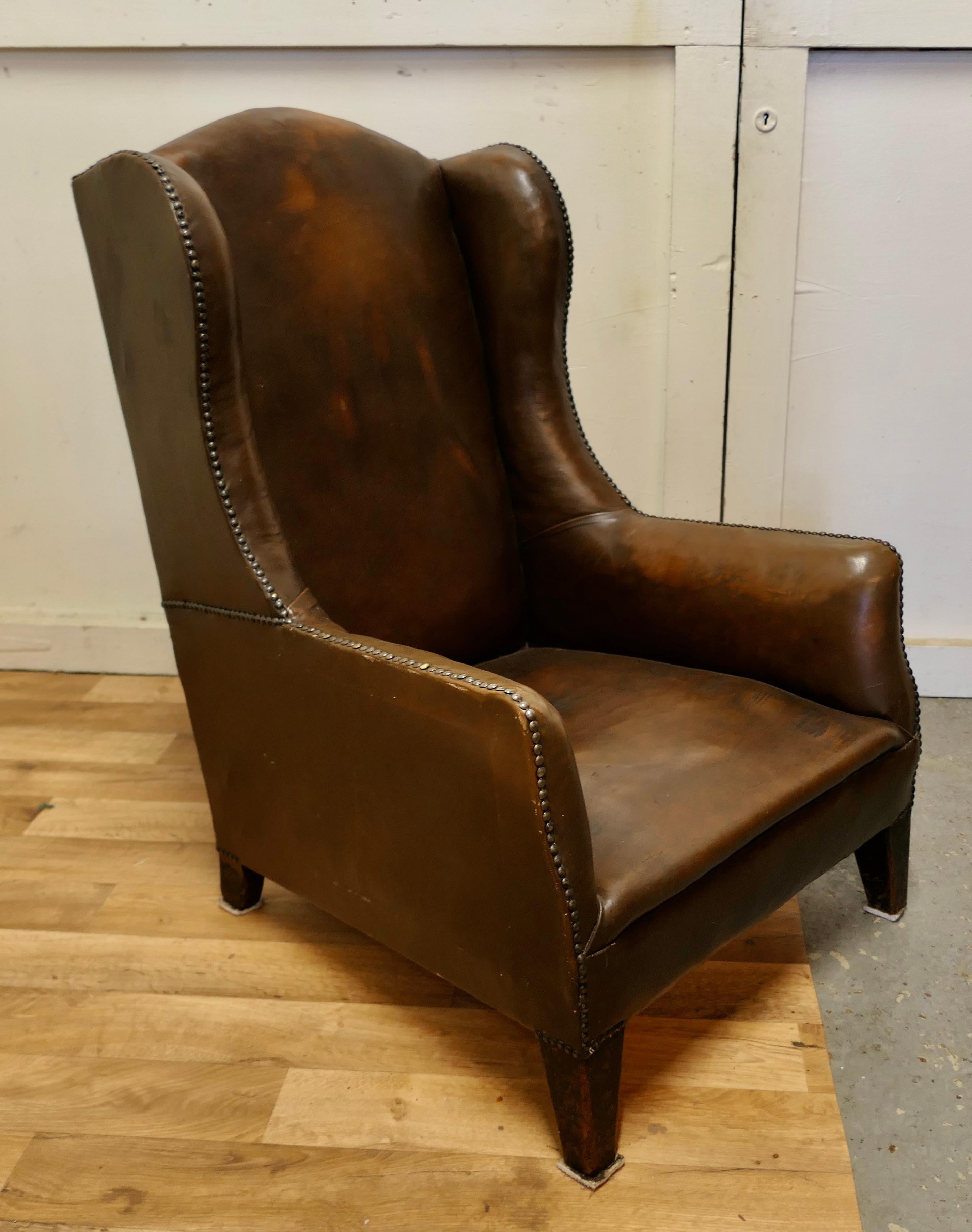French Art Deco Wing Back Chair, in Dark Brown Leather For Sale 4