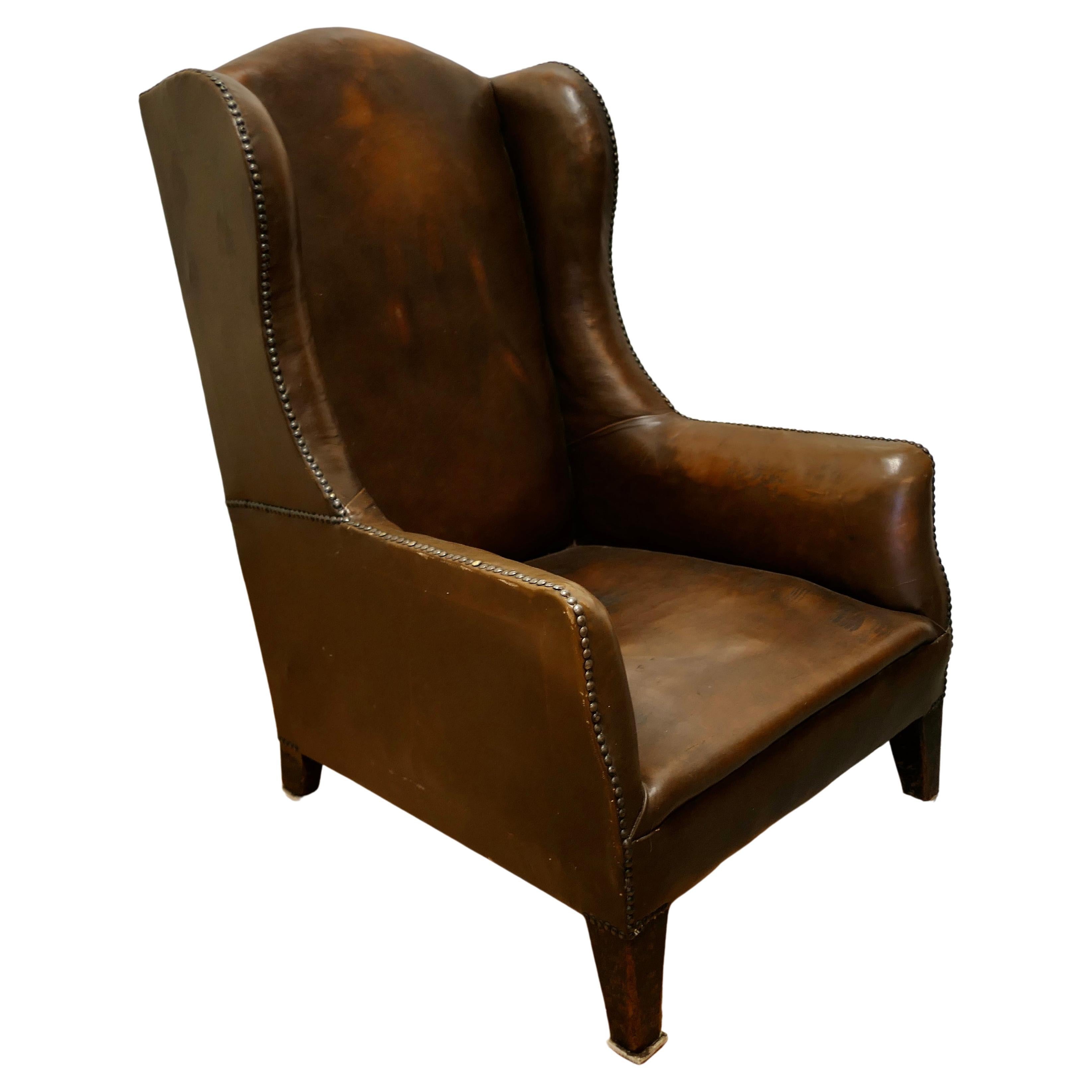 French Art Deco Wing Back Chair, in Dark Brown Leather For Sale