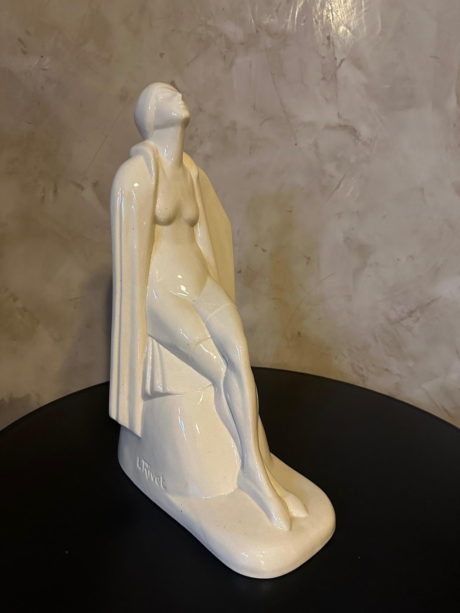 French Art Deco Women Ceramic Sculpture Signed Louis Rivet, 1930s For Sale 5