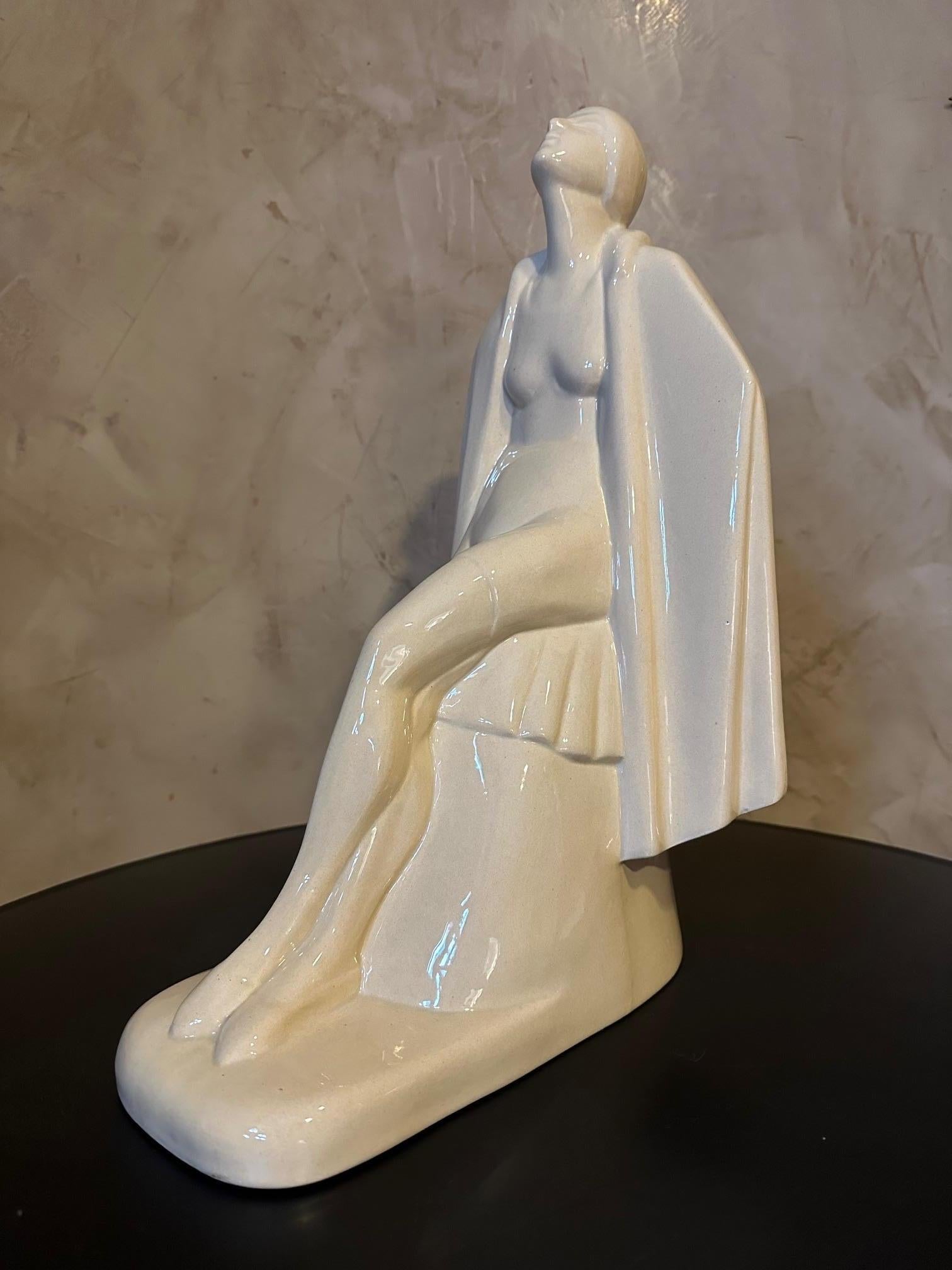 French Art Deco Women Ceramic Sculpture Signed Louis Rivet, 1930s In Good Condition For Sale In LEGNY, FR
