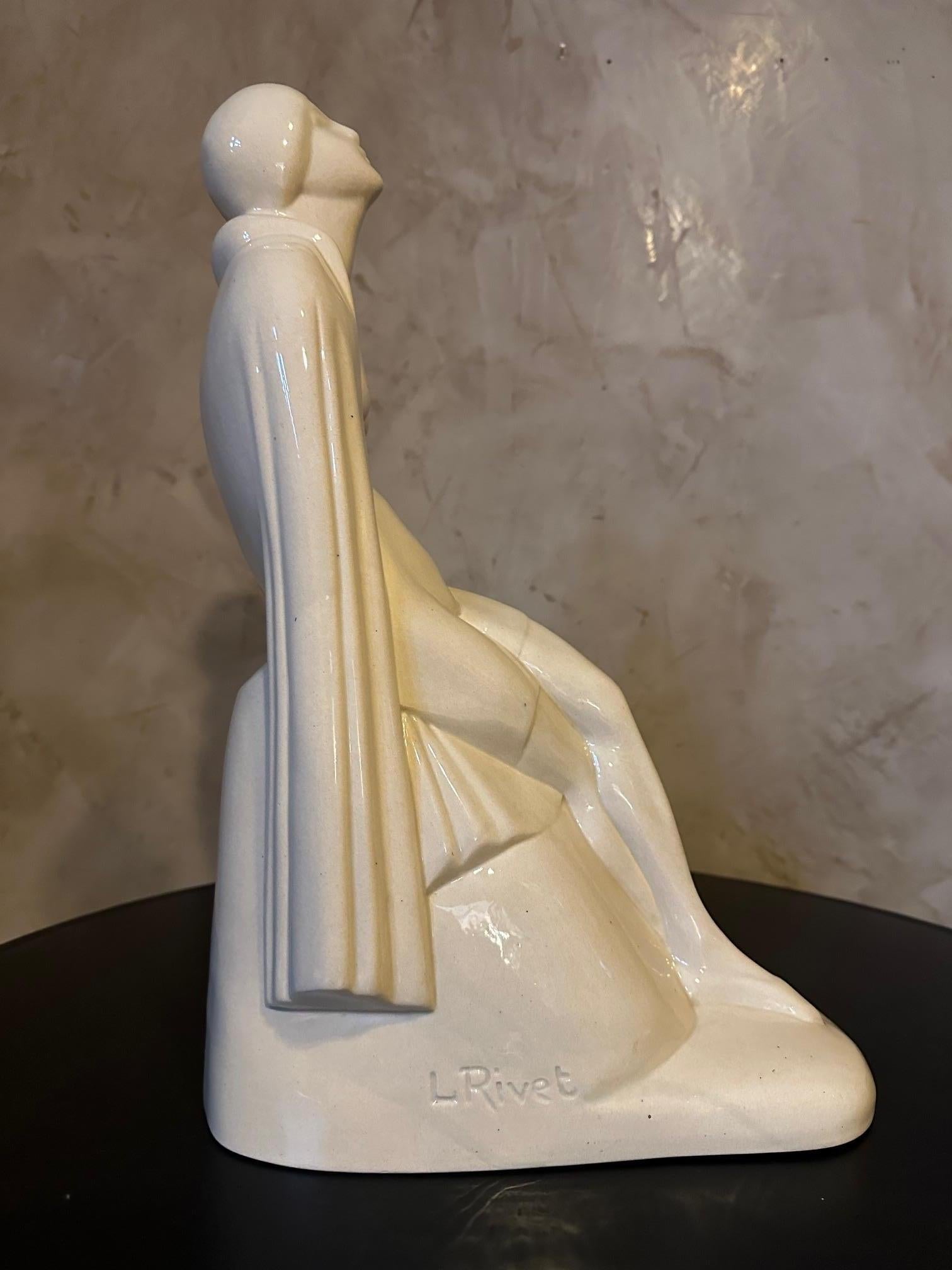 French Art Deco Women Ceramic Sculpture Signed Louis Rivet, 1930s For Sale 2