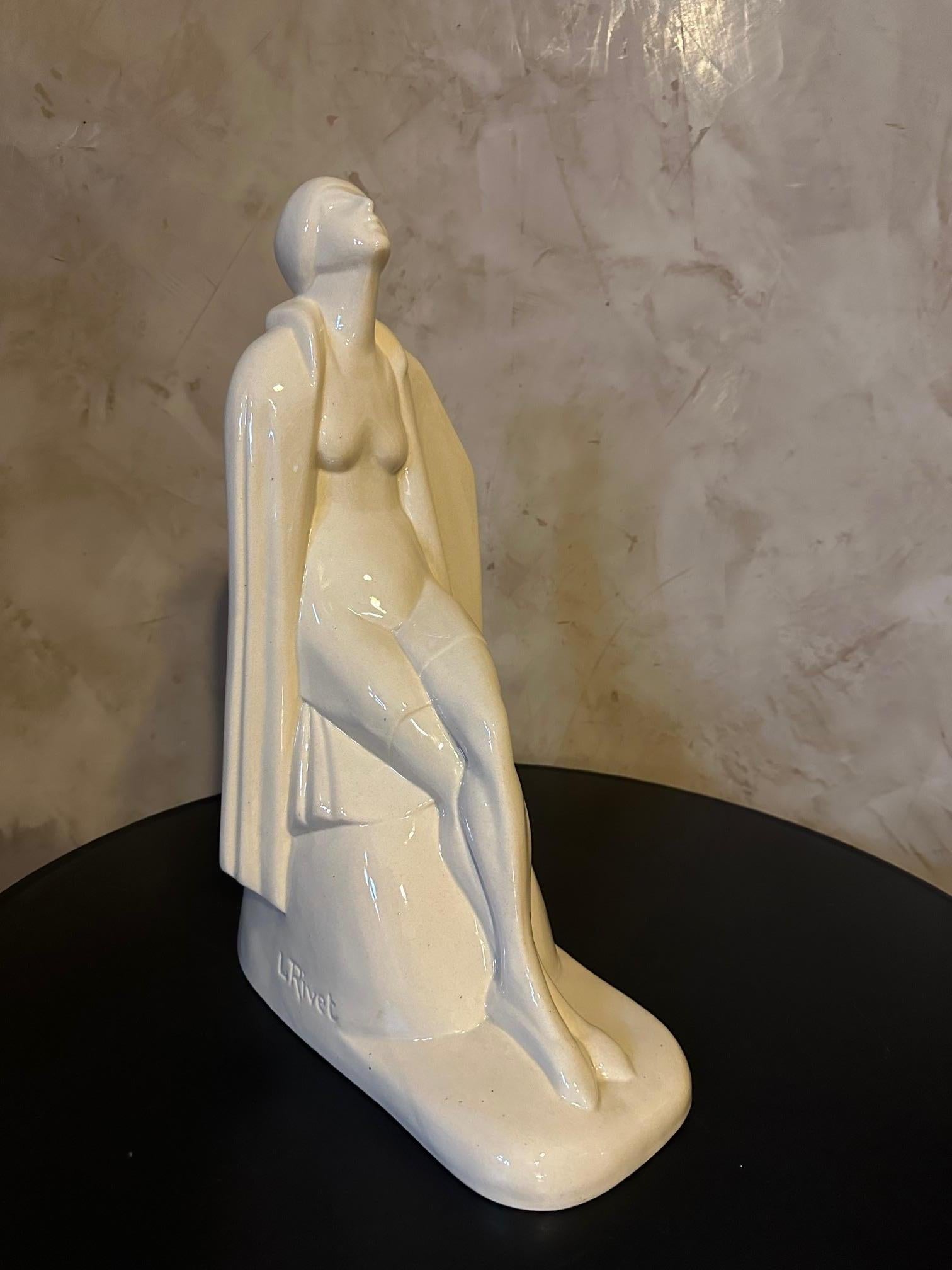 French Art Deco Women Ceramic Sculpture Signed Louis Rivet, 1930s For Sale 4