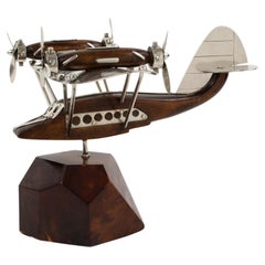 Vintage French Art Deco Wood and Chrome Airplane SeaPlane Aviation Model, 1940s