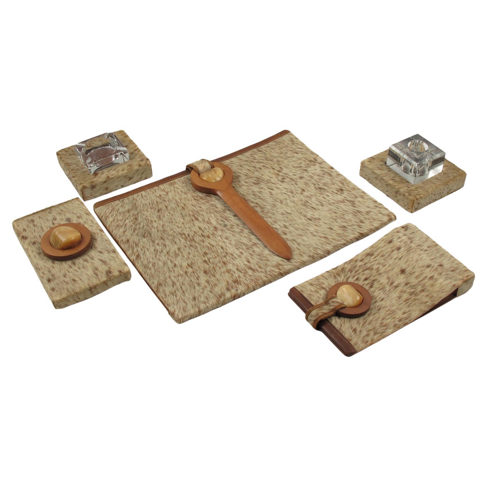 Art Deco Wood, Fur and Leather Desk Set, 5 Pieces by Dan Karner France