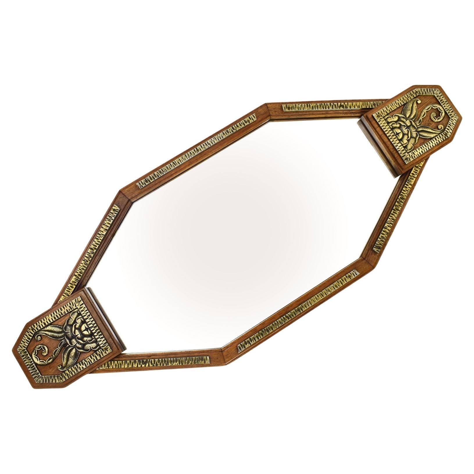Französisch Art Deco Holztablett mit geprägtem Eisen und Spiegel Edgar Brandt Stil im Angebot