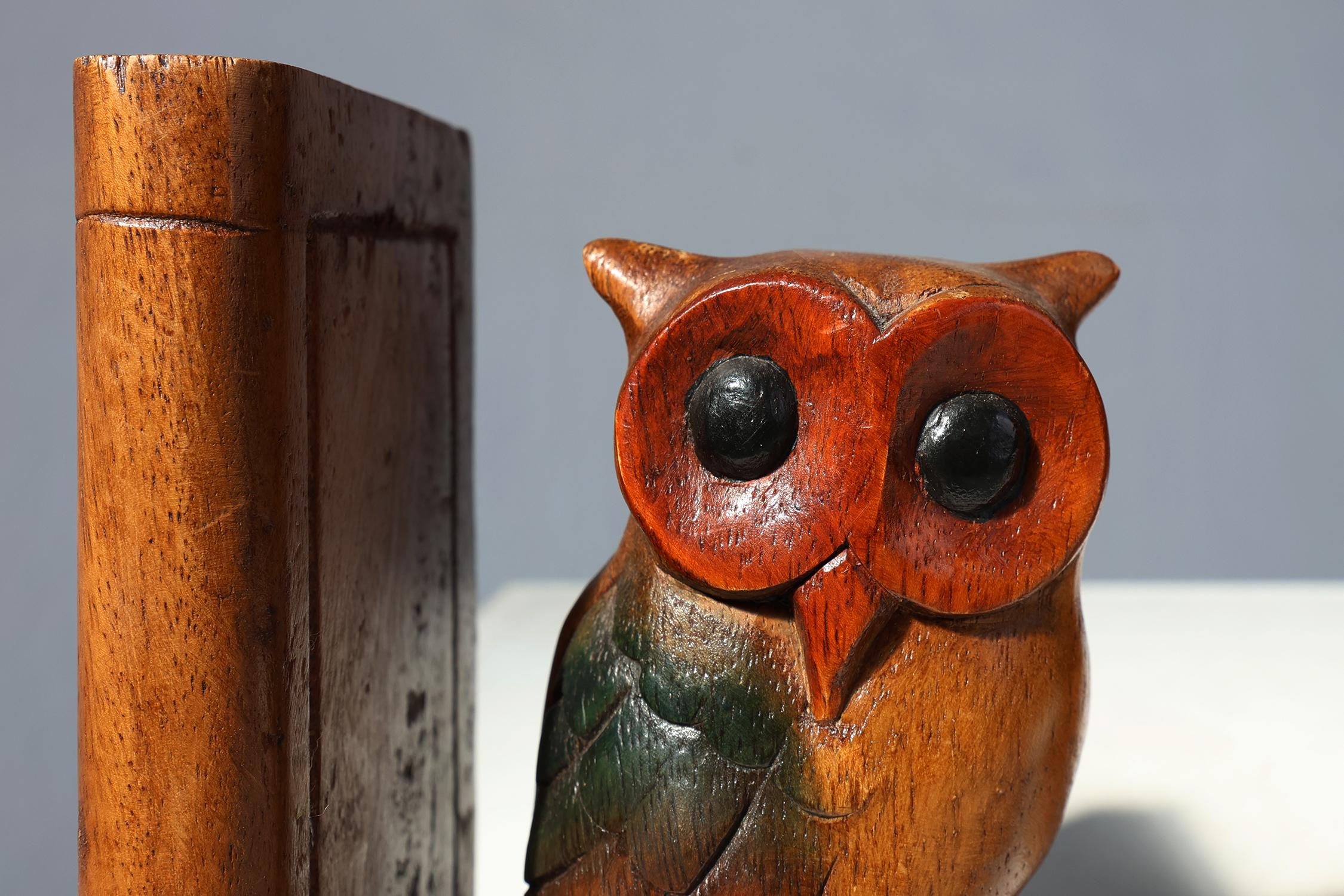 French Art Deco Wooden Owl Bookends, 1920s, Set of 2 In Good Condition For Sale In Meulebeke, BE