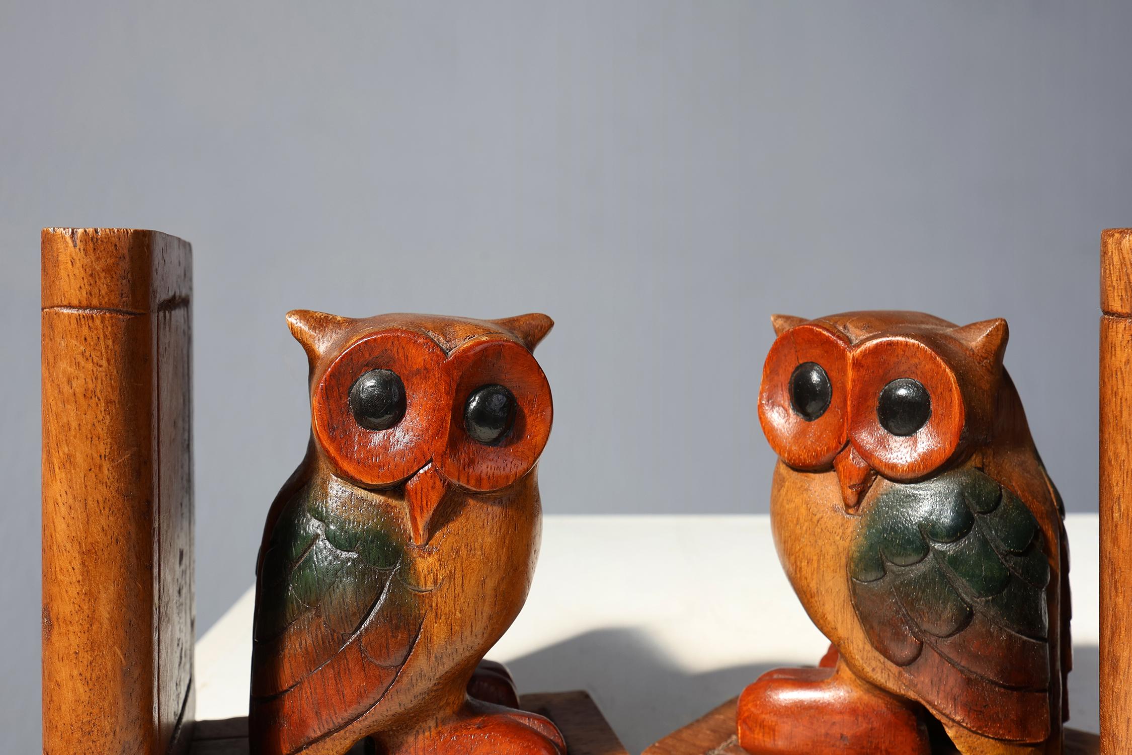 Early 20th Century French Art Deco Wooden Owl Bookends, 1920s, Set of 2 For Sale